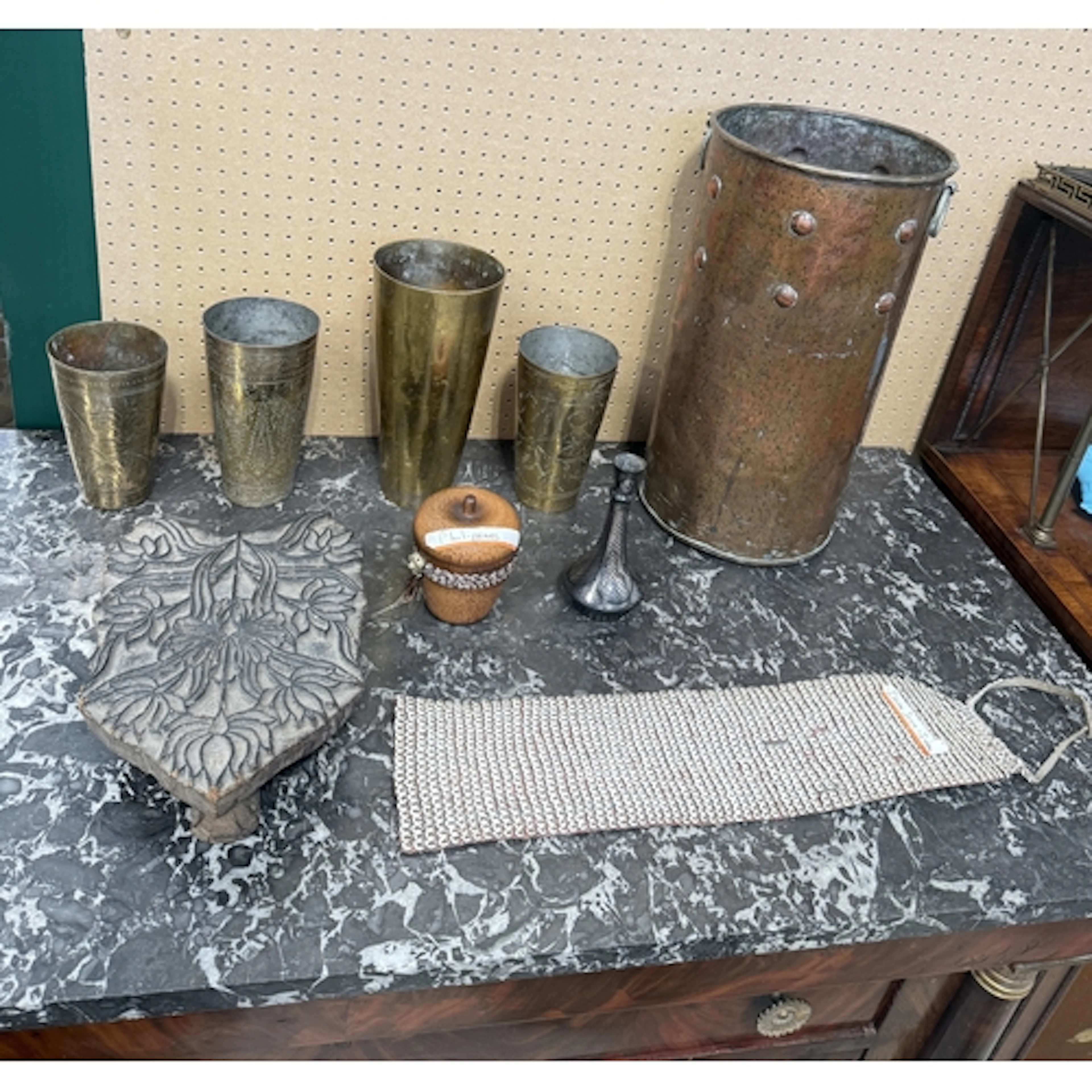 FOUR BRASS VASES, TOGETHER WITH A COPPER STICK STAND, SHELL ...