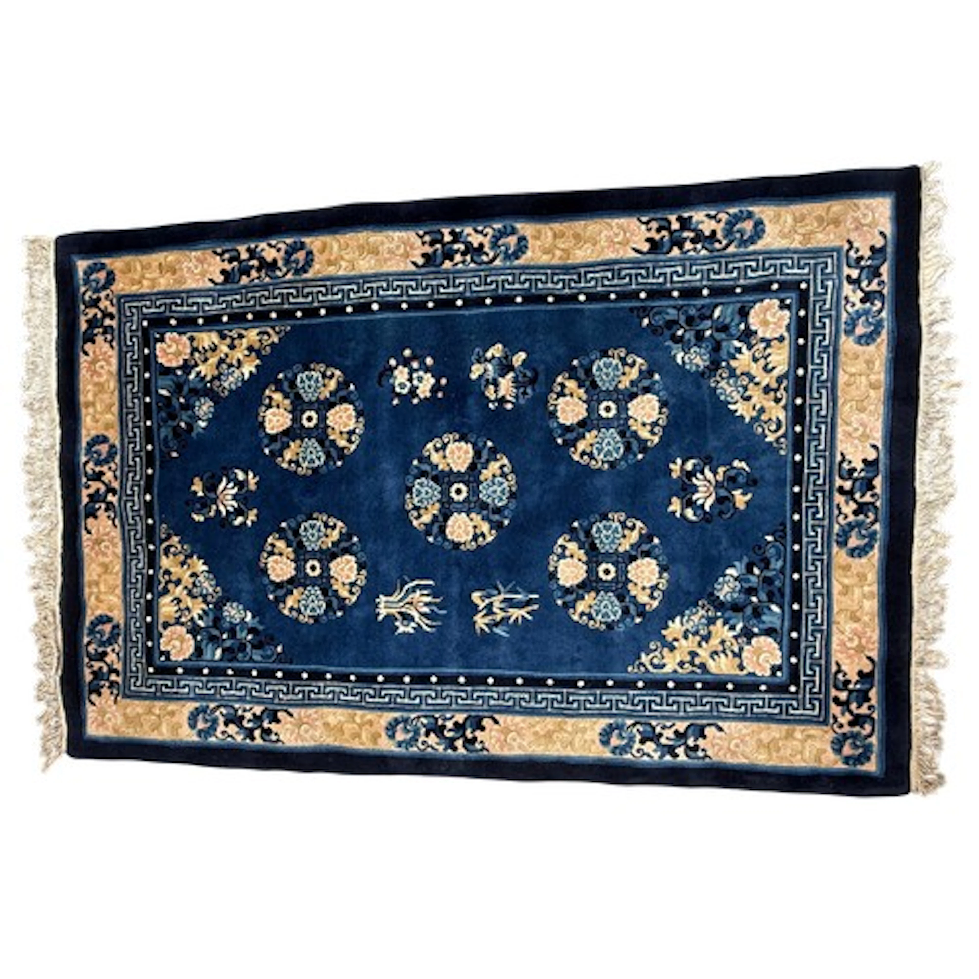 Chinese blue ground wool rug 197cm l with tassels x 122cm w.