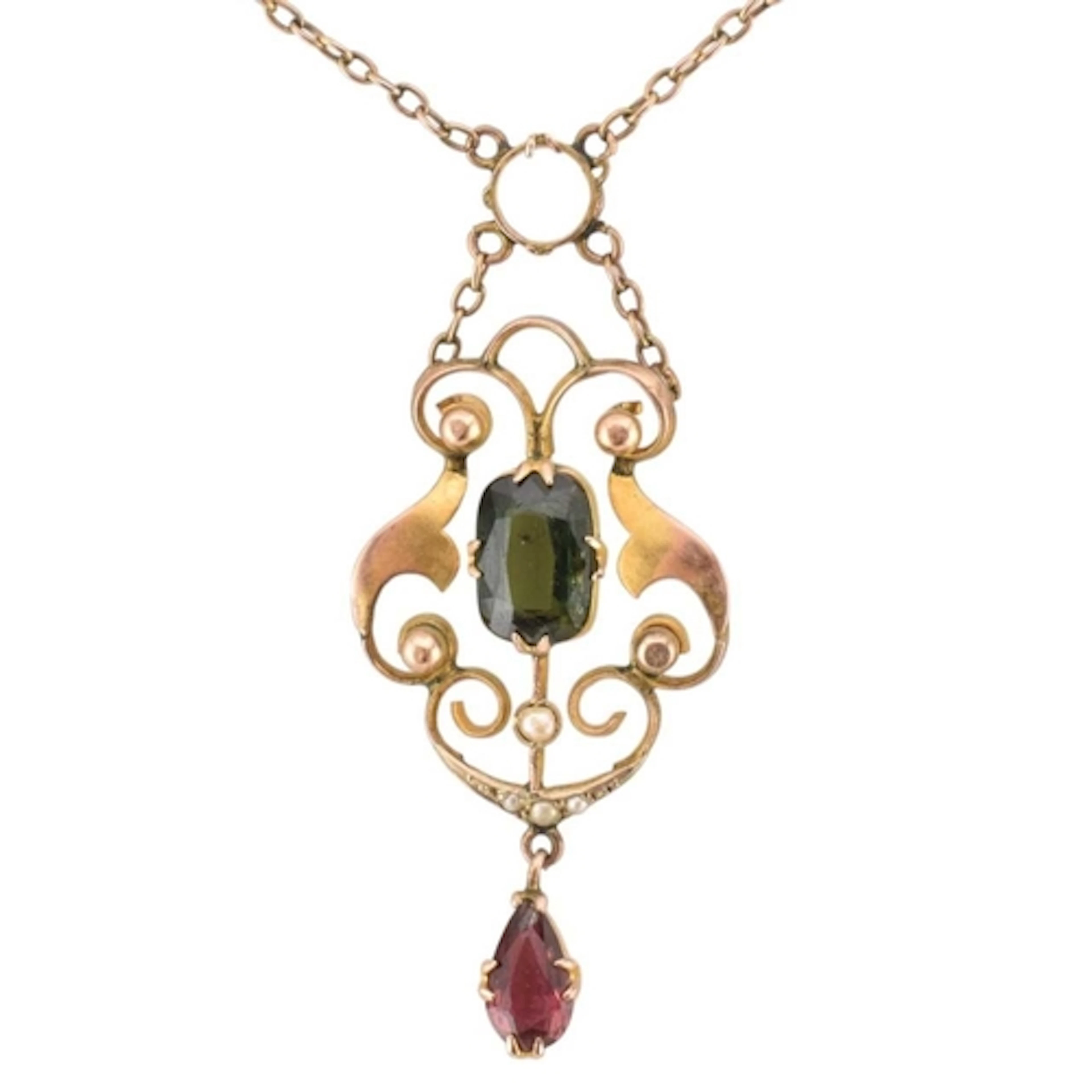 An early 20th century Art Nouveau 9ct gold tourmaline and pe...