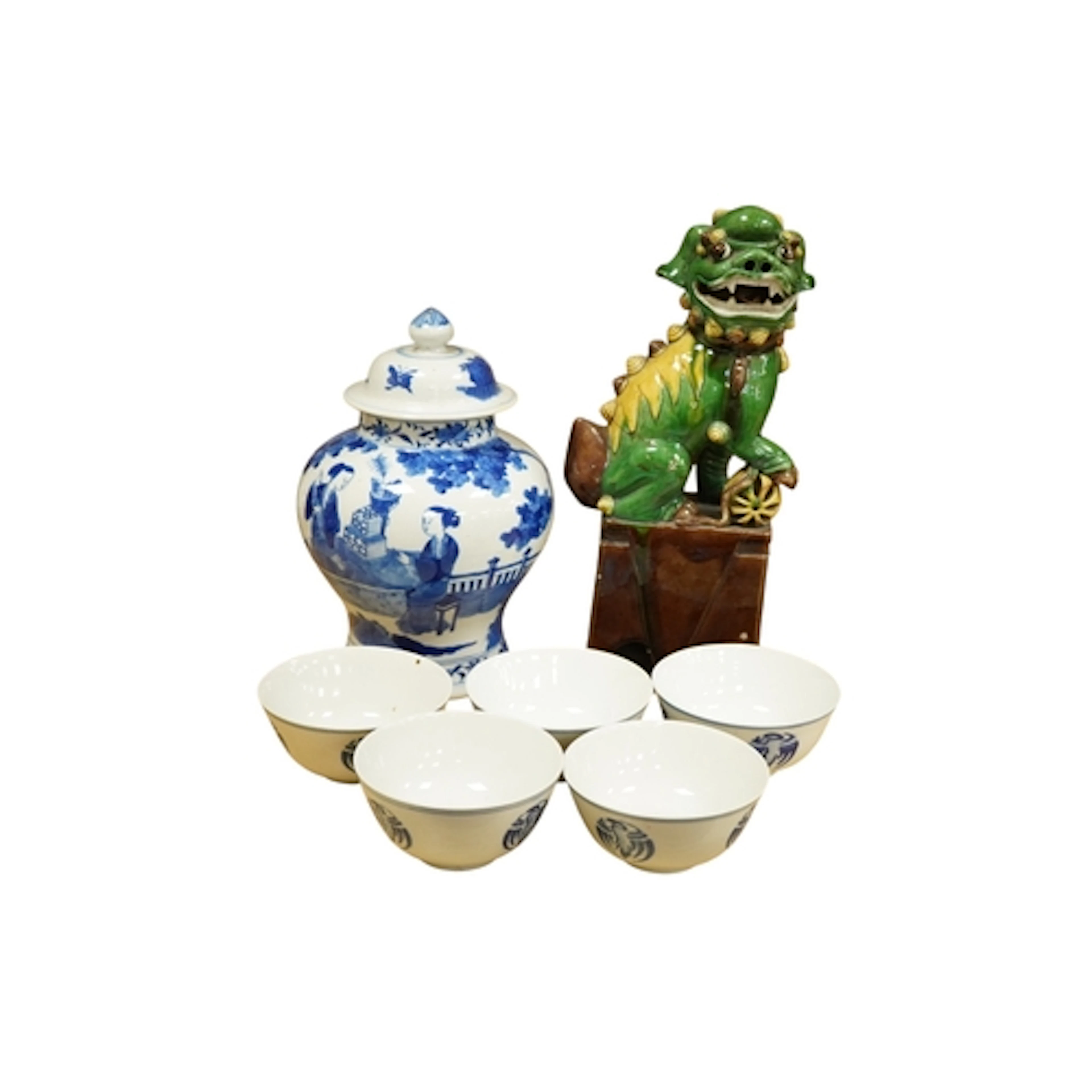 A Chinese blue and white baluster jar and cover, five blue a...