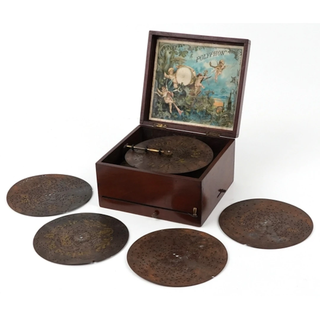 19th century mahogany cased polyphon with five 8.5 inch disc...
