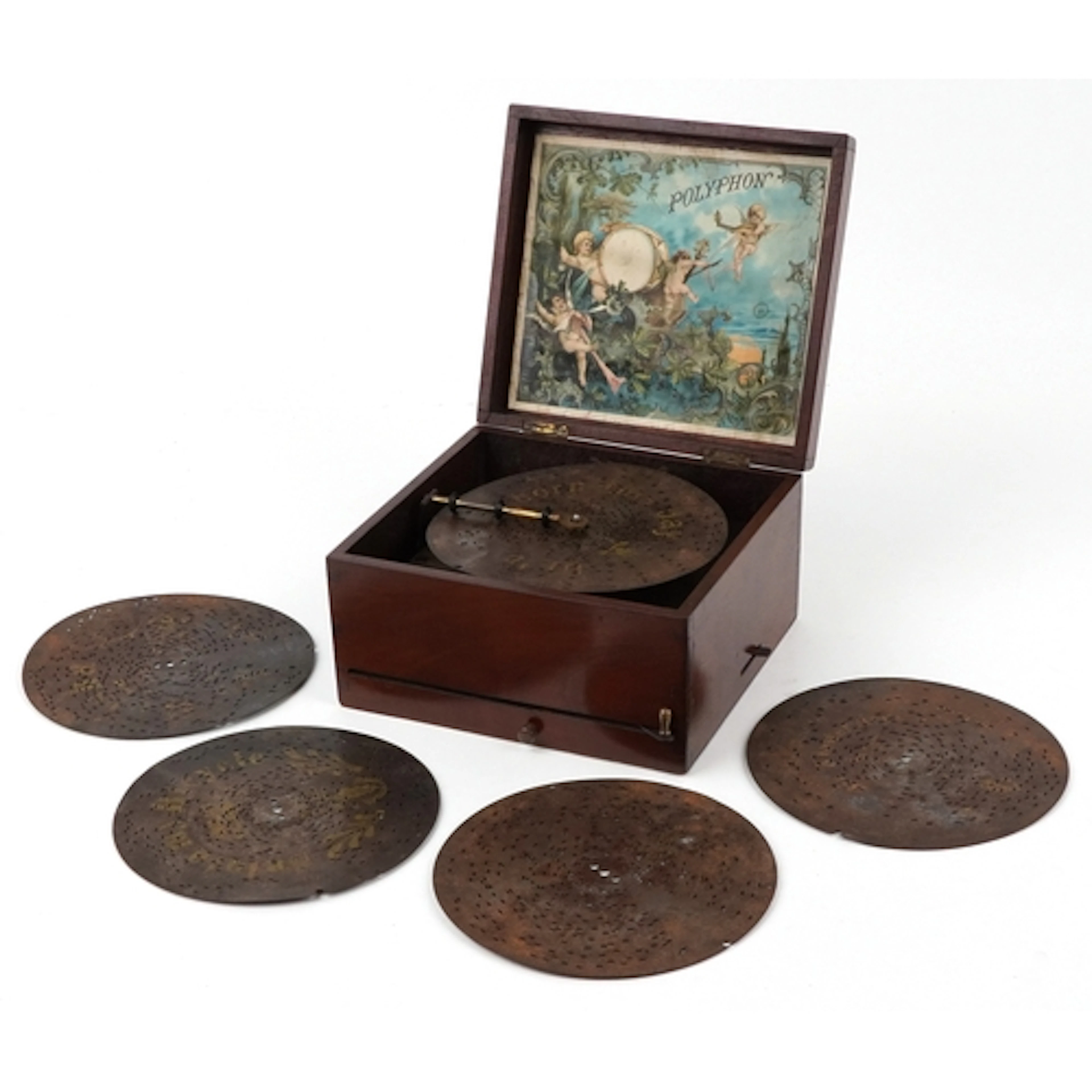 19th century mahogany cased polyphon with five 8.5 inch disc...