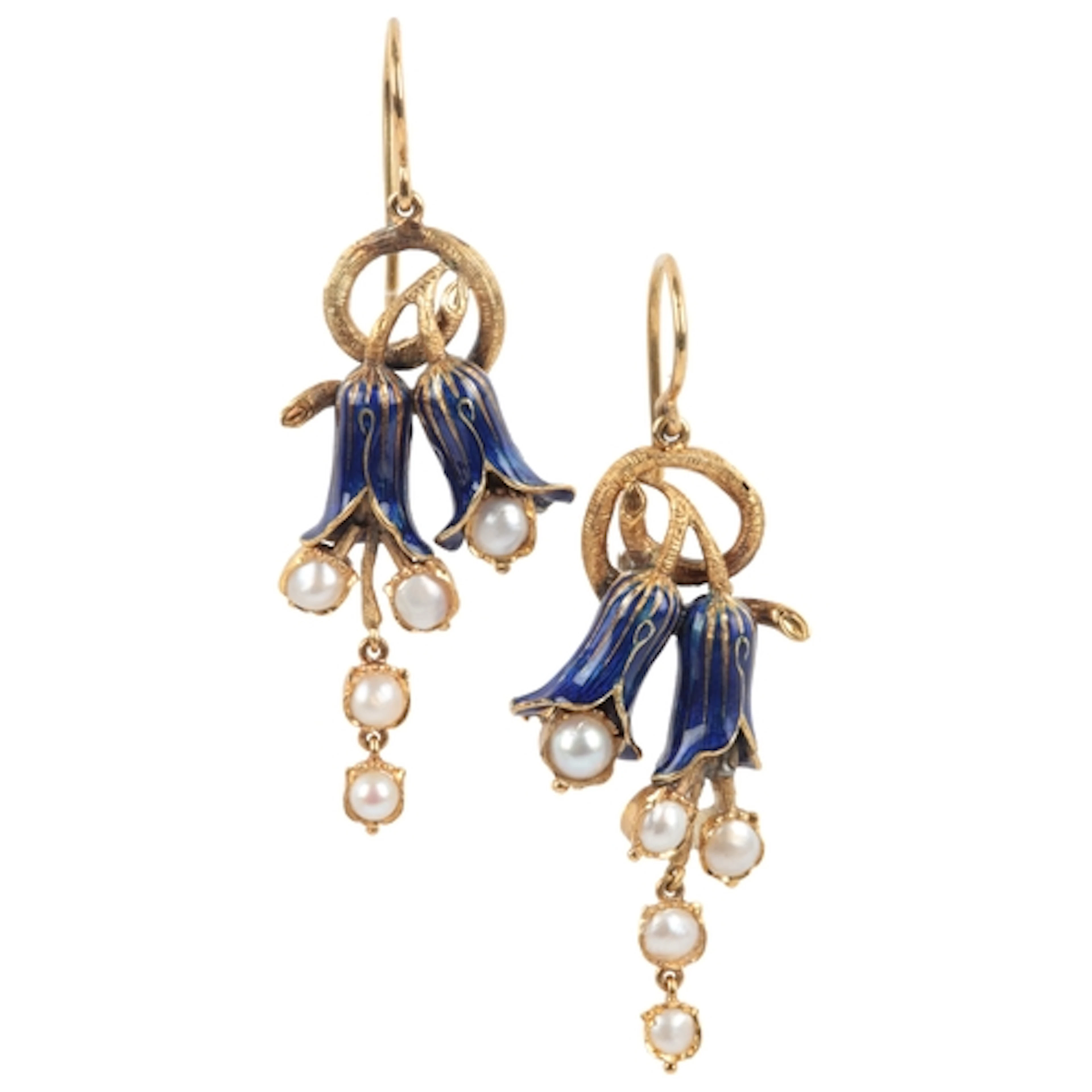 A pair of gold, enamel and split pearl earrings, mid 19th ce...