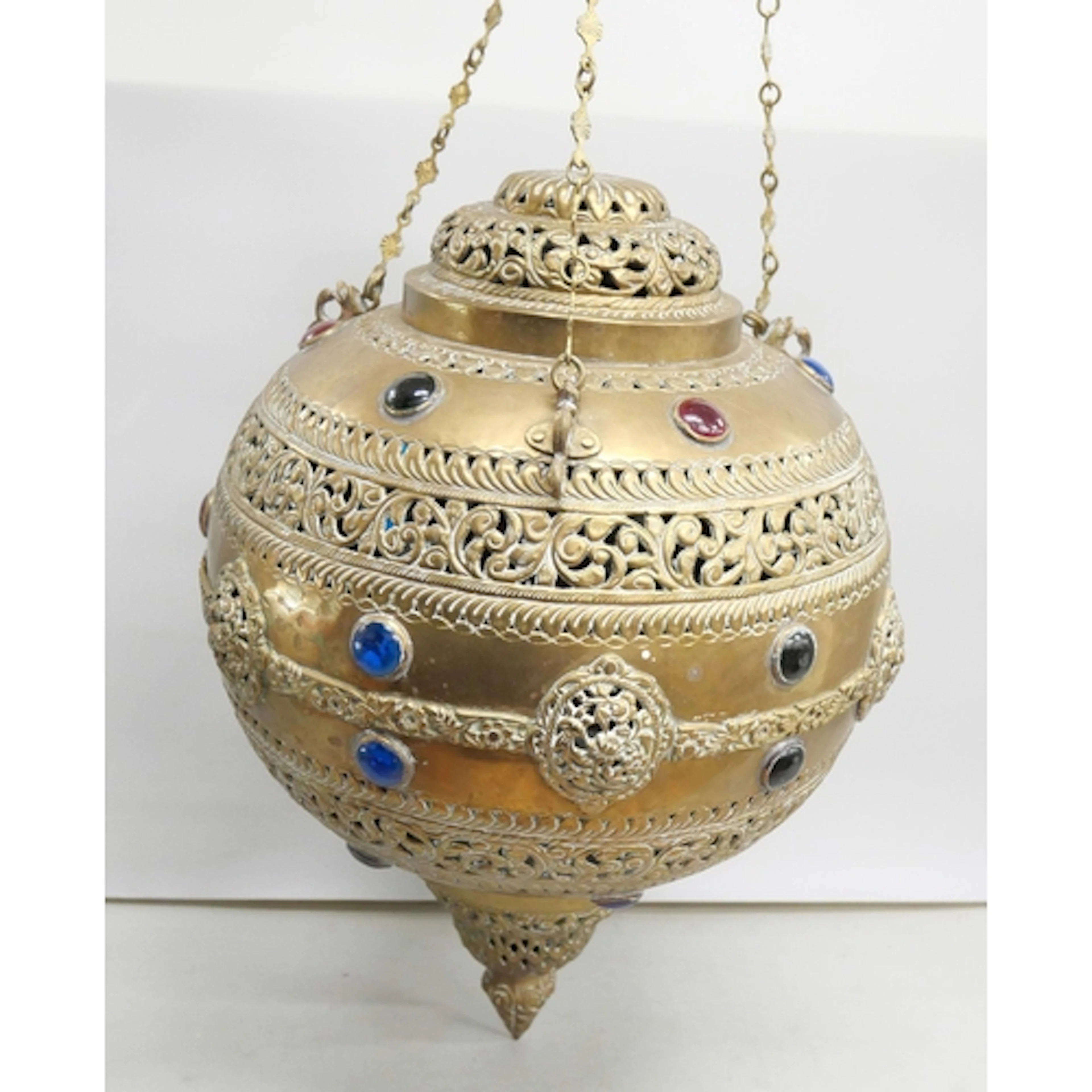 A Moroccan style brass hanging lamp lantern with coloured je...