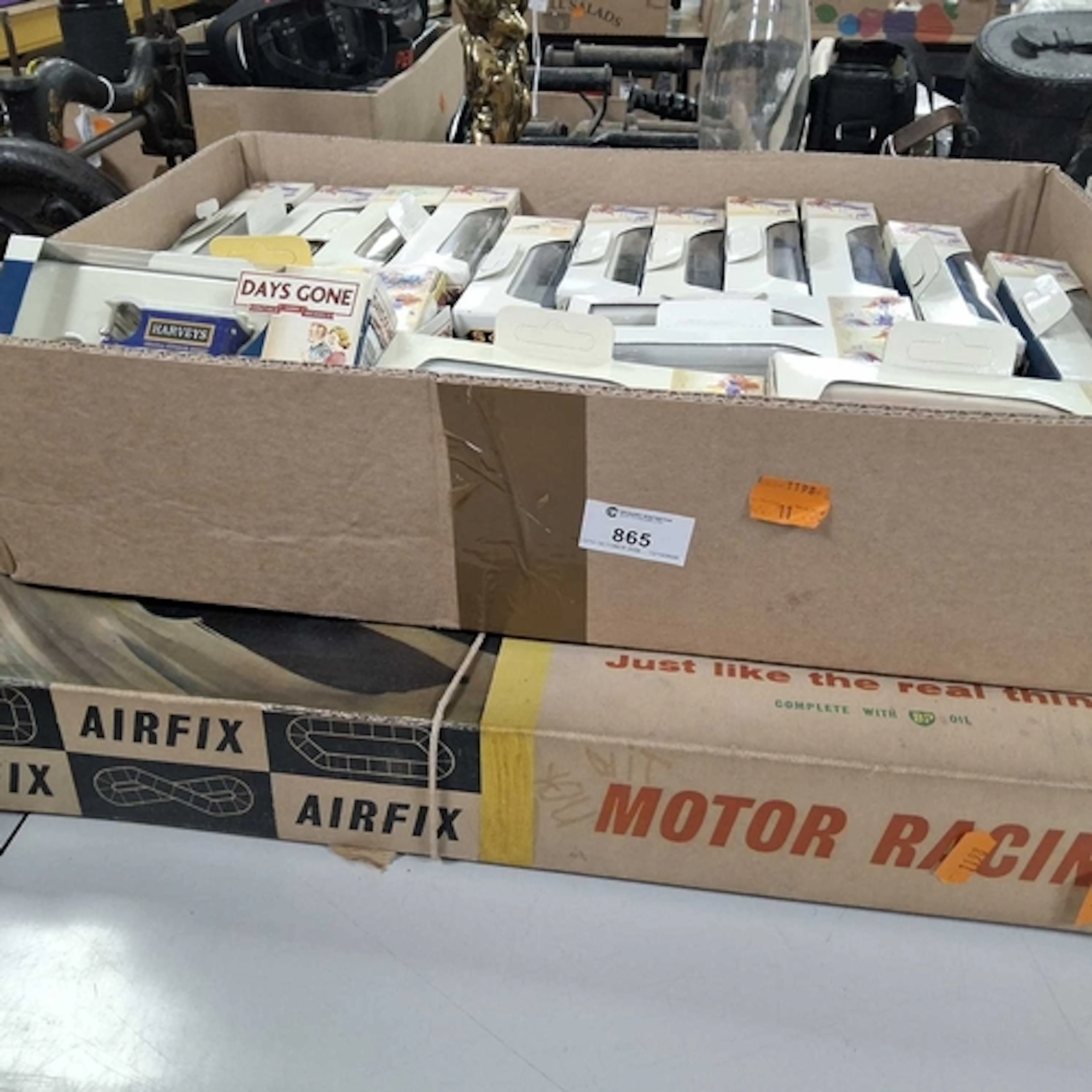 A BOX OF LLEDO CARS AND AN AIRFIX MOTOR RACING SET comprisin...