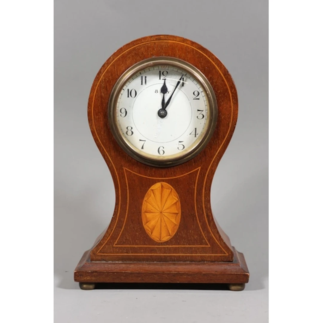 Edwardian mahogany and inlaid mantel cock, 8-day movement, w...