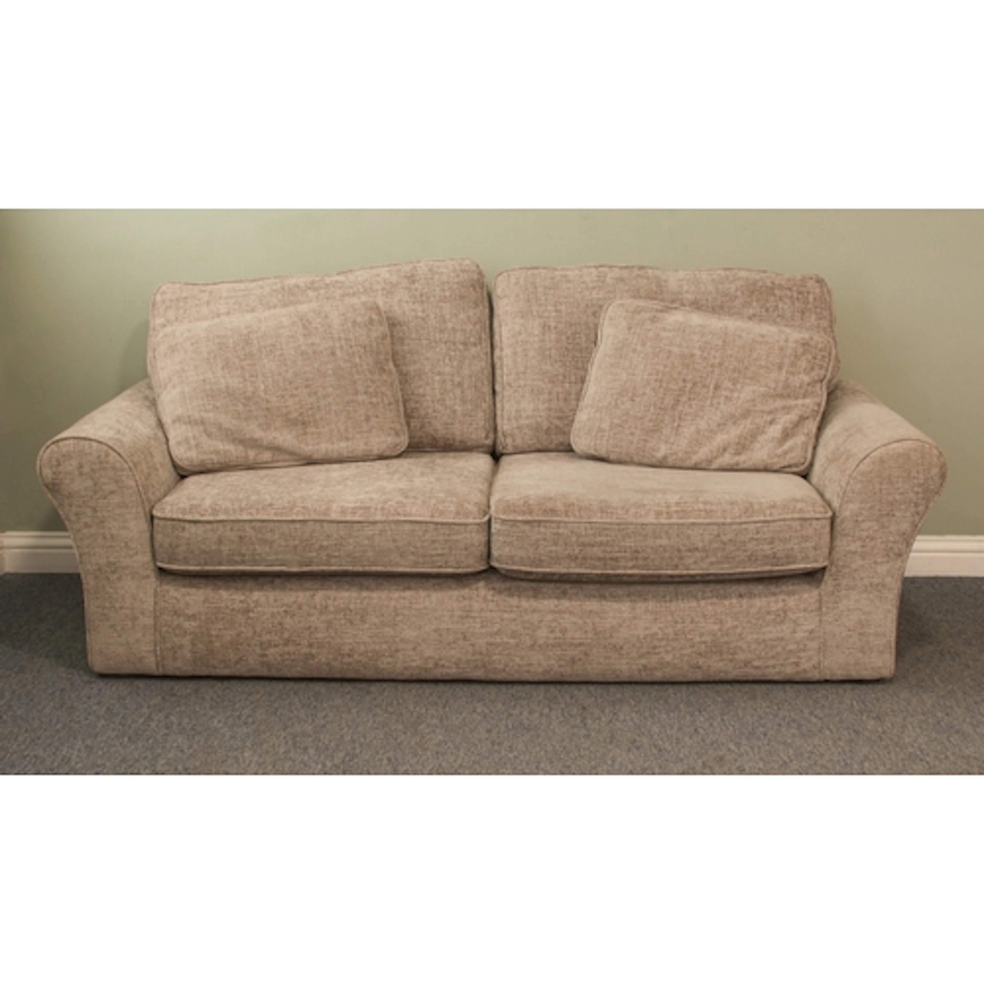A modern three-seater sofa - upholstered in taupe chenille, ...
