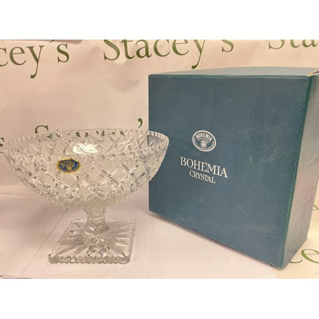 A boxed Bohemia crystal bowl on a square cut base, approx he...