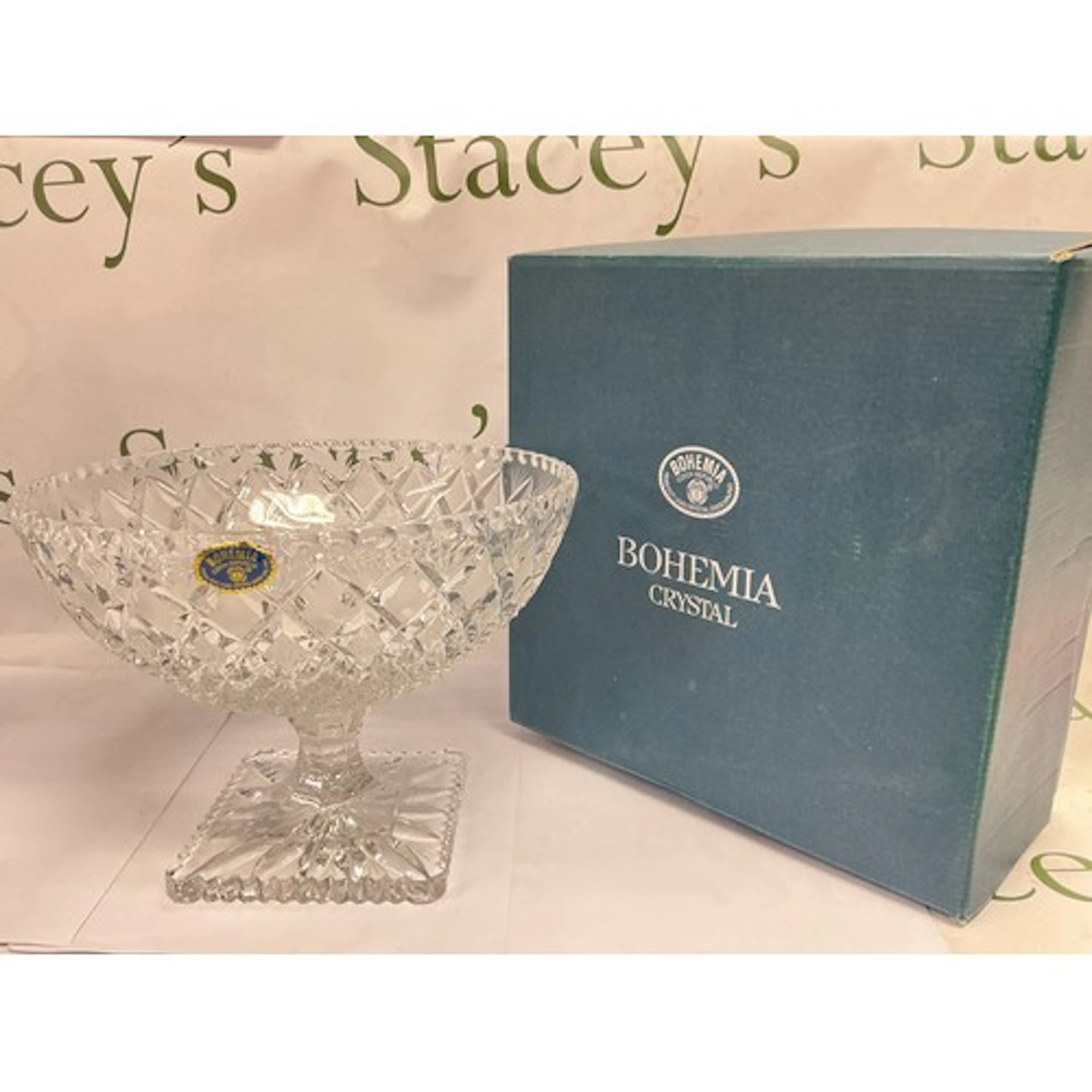 A boxed Bohemia crystal bowl on a square cut base, approx he...
