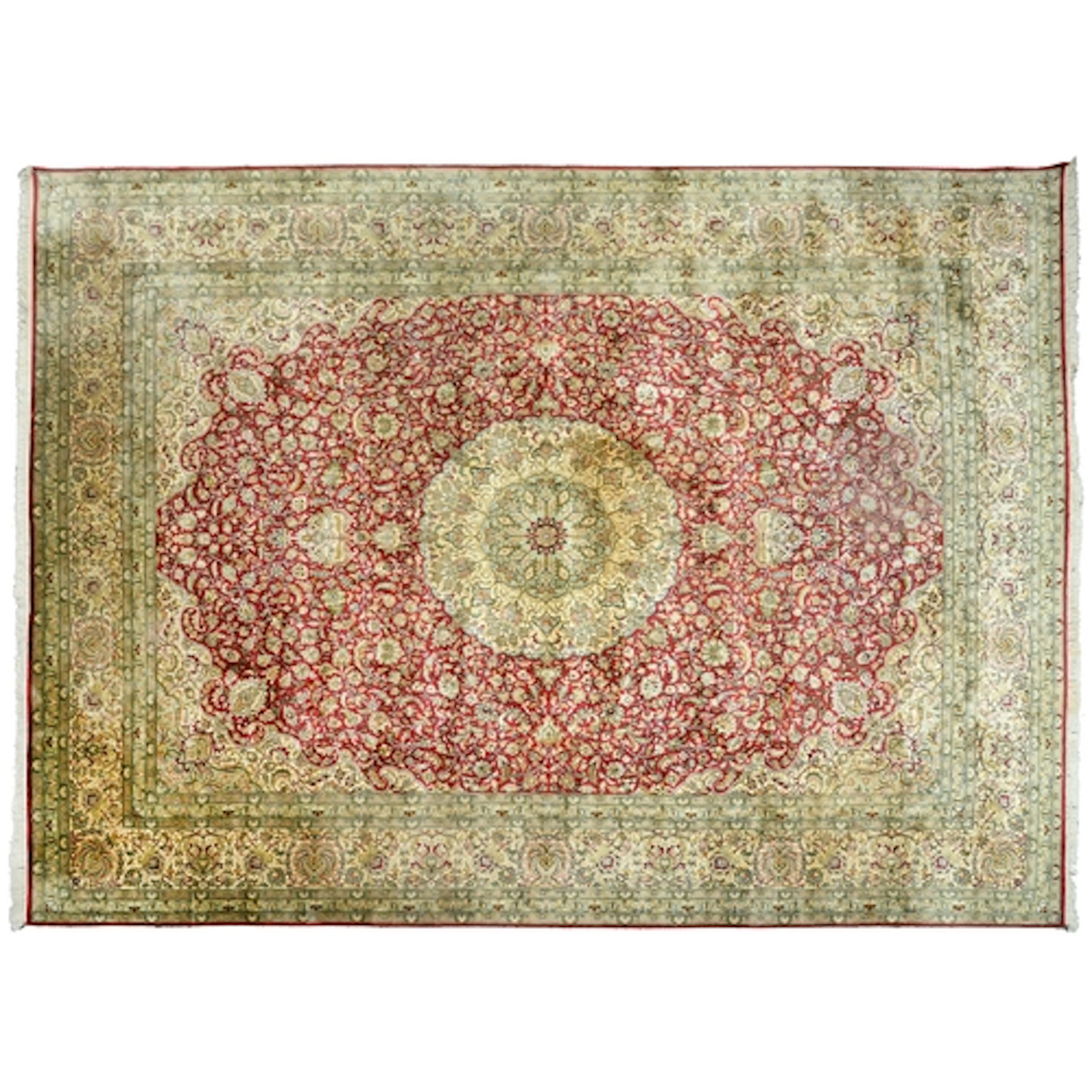 A Kashmir red ground silk pile medallion rug, late 20th c,&n...