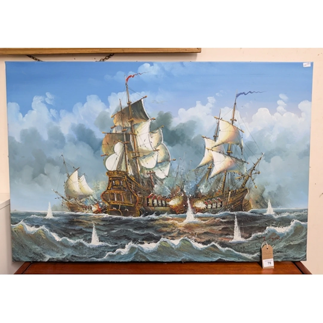 Unframed oil on canvas of sailing galleons, signed J Harvey,...