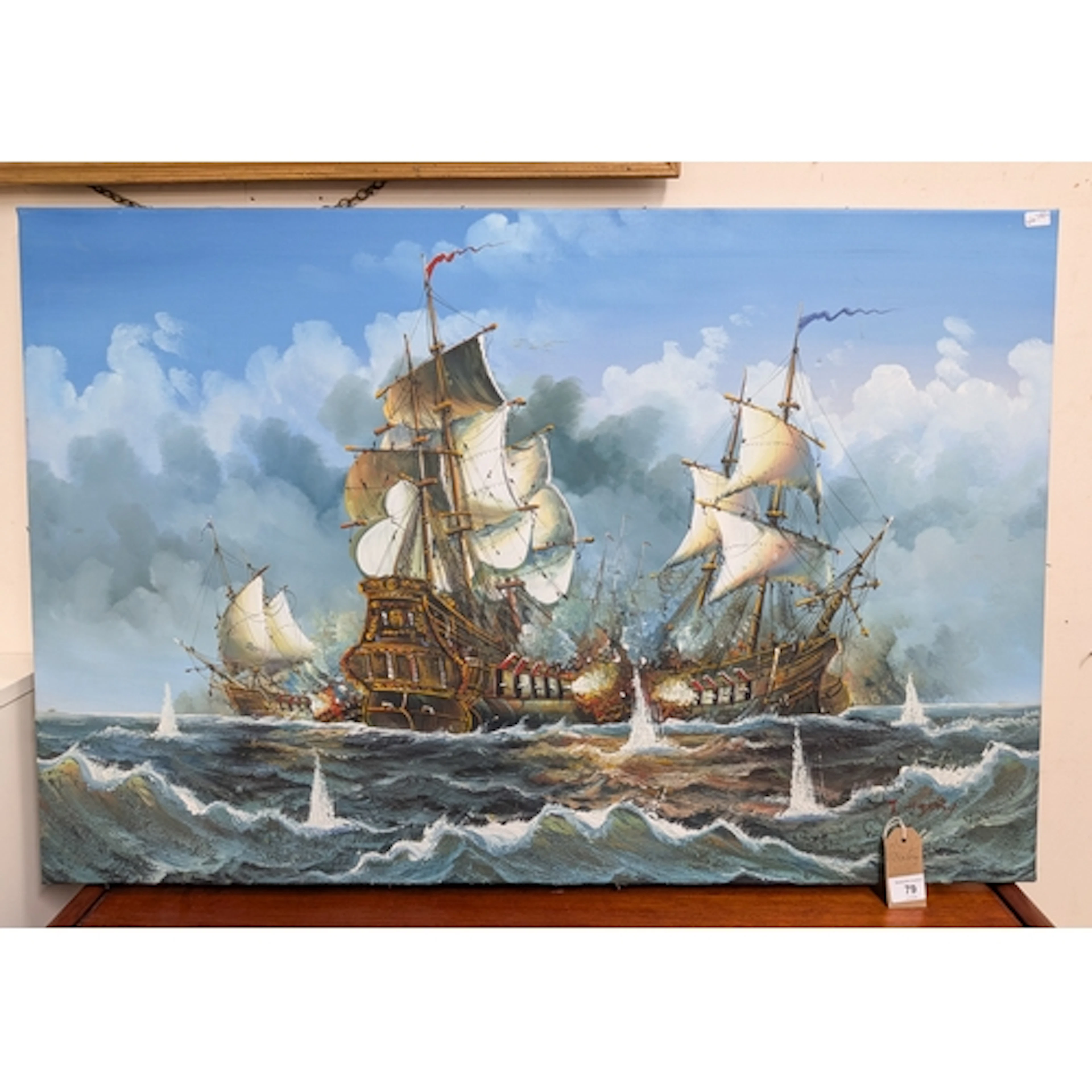 Unframed oil on canvas of sailing galleons, signed J Harvey,...