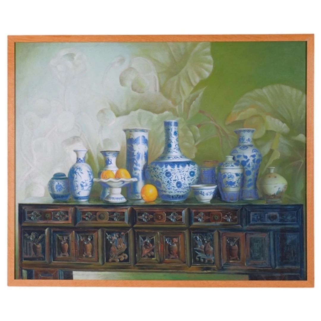 Still life Oriental ceramics on a carved sideboard, late 20t...