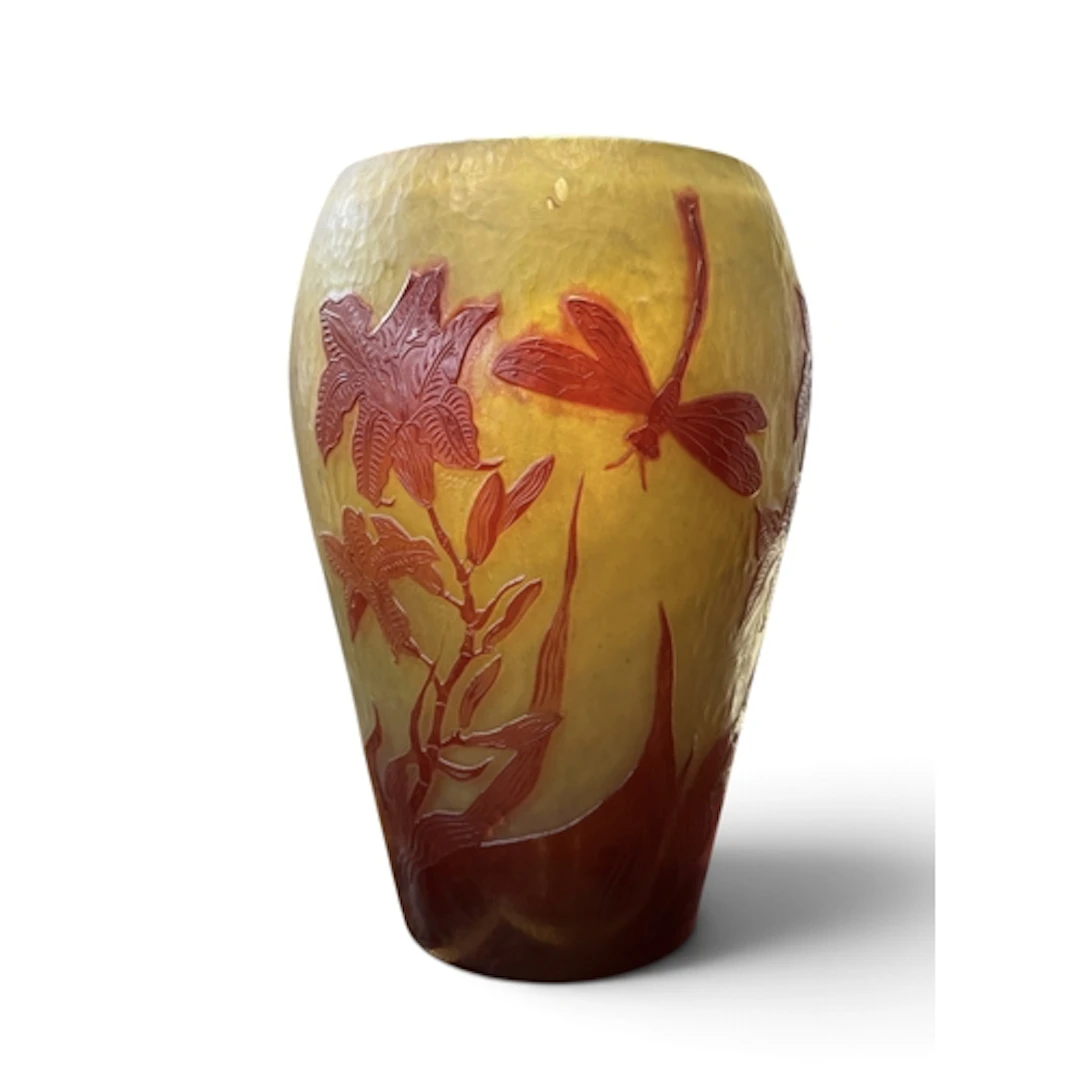 A GALLE STYLE CAMEO GLASS VASE, OVERLAID IN RED AND ACID ETC...