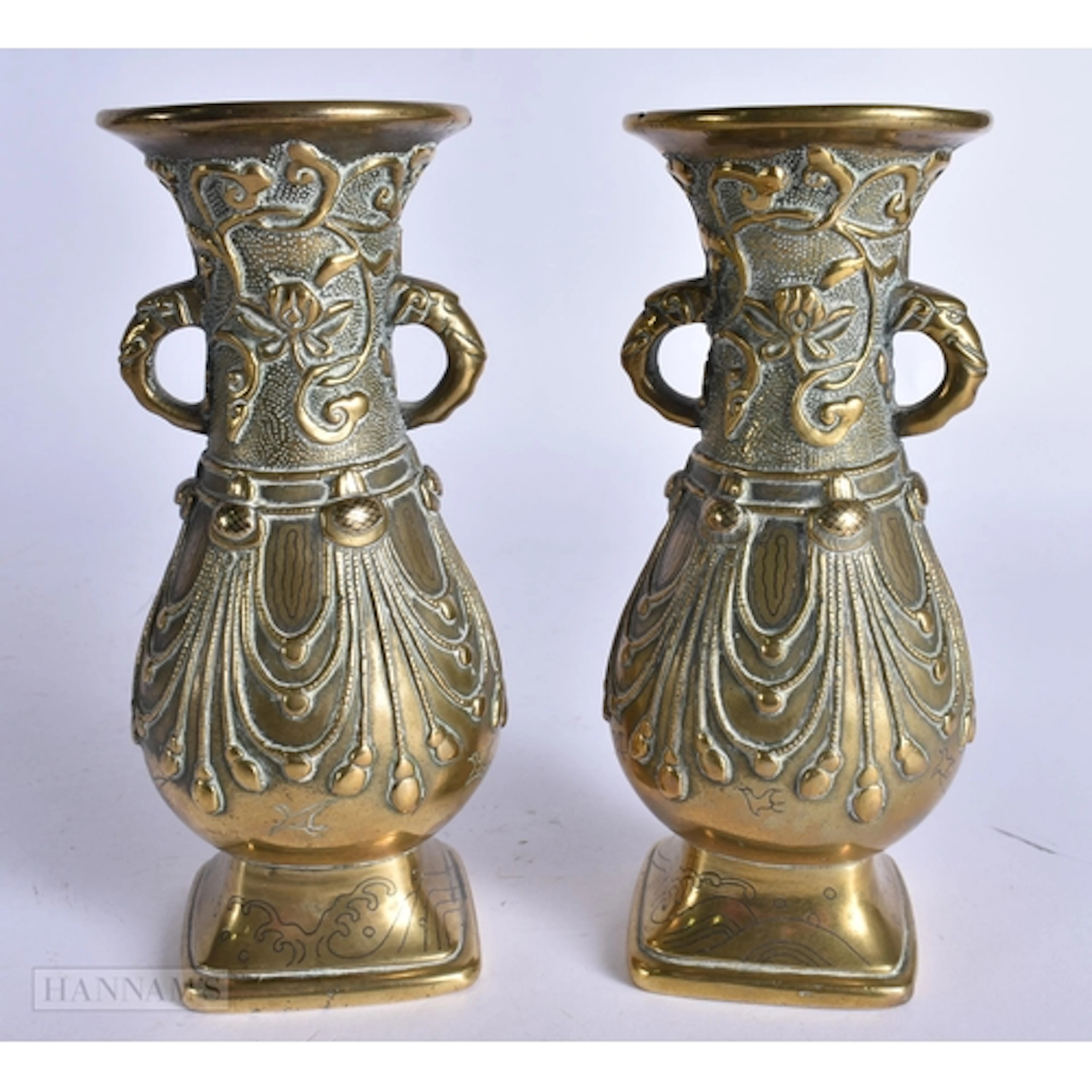 A PAIR OF 19TH CENTURY JAPANESE MEIJI PERIOD SILVER INLAID B...