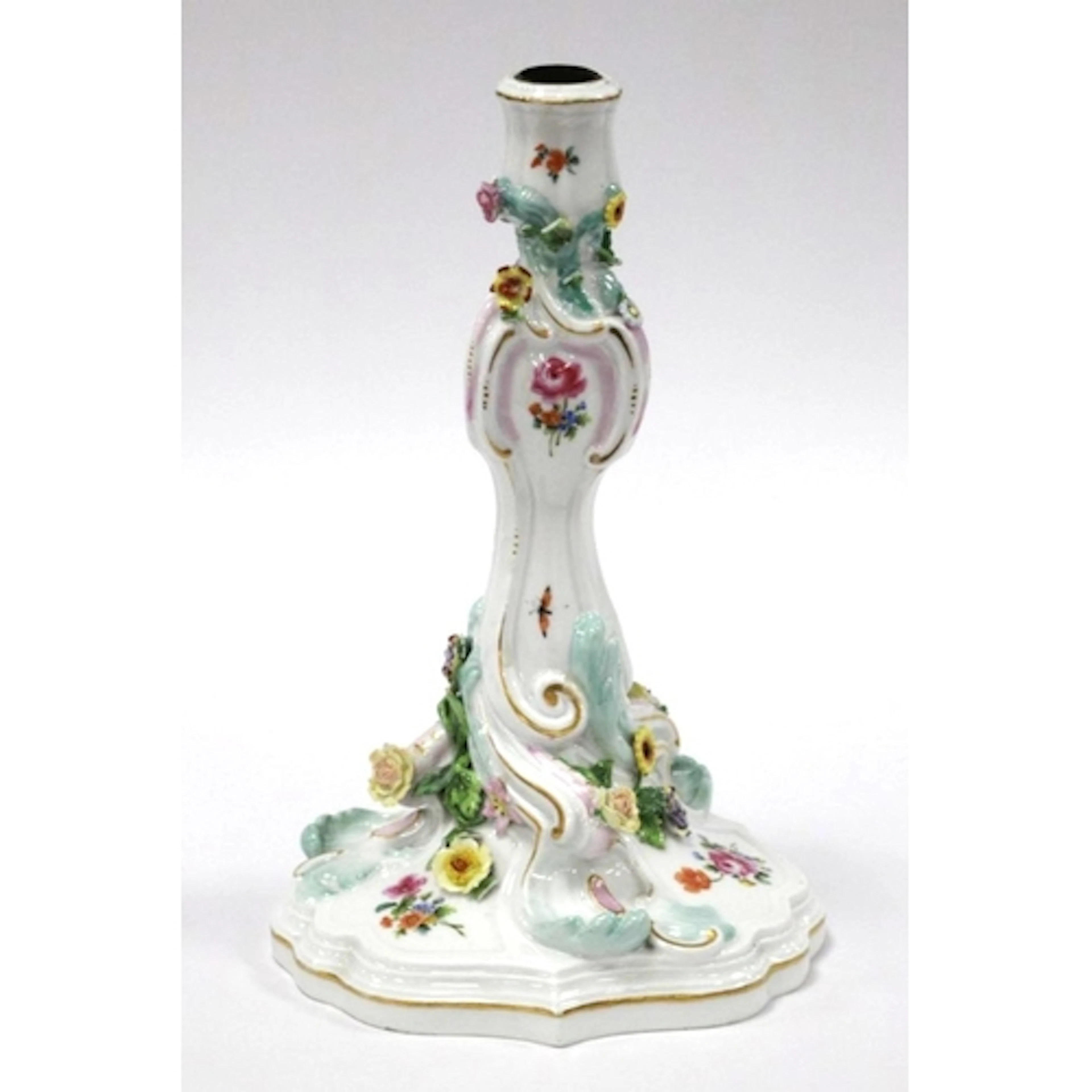 A Meissen Porcelain Candlestick of Scrolling Rococo Form, de...