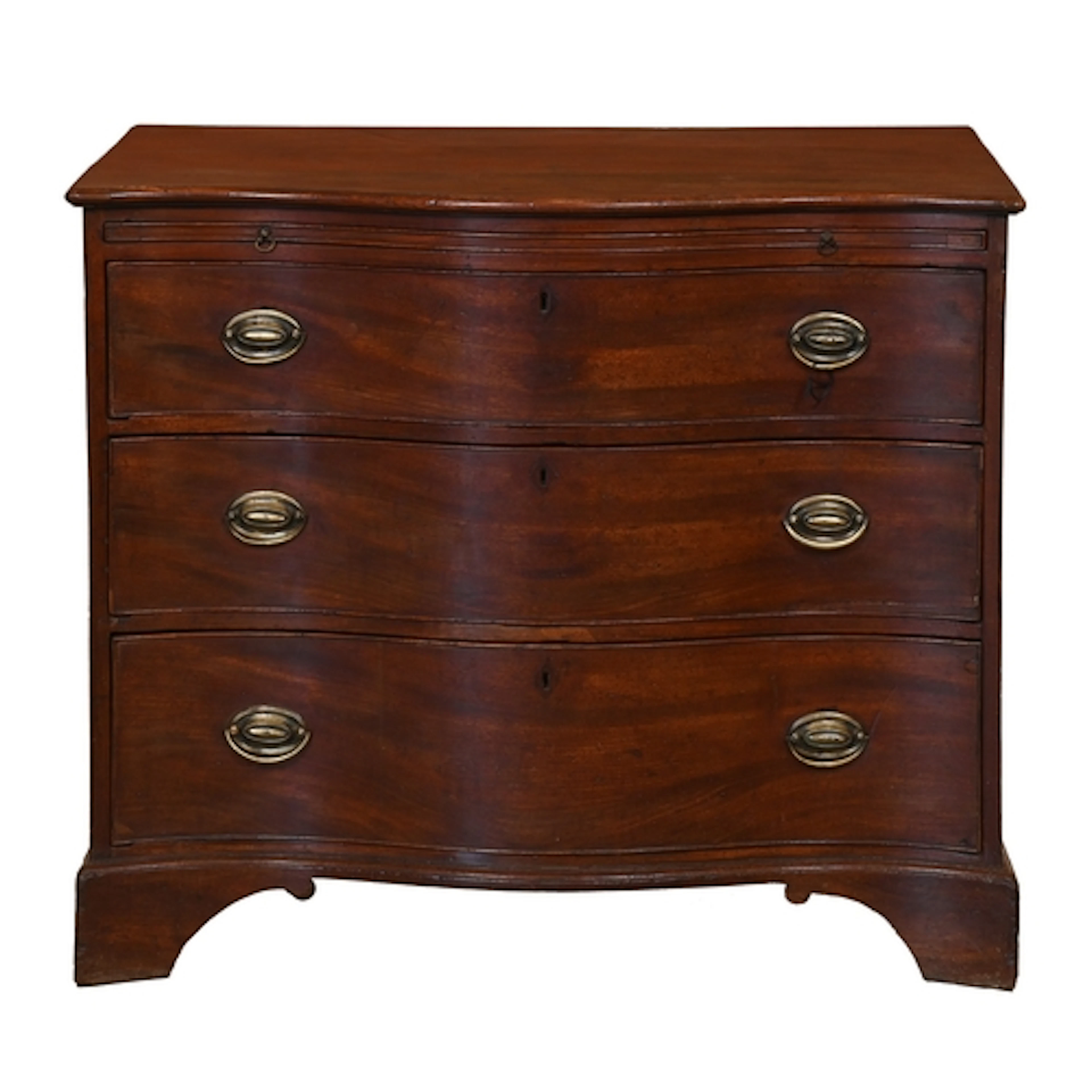 A George III serpentine mahogany chest of drawers, with cop-...