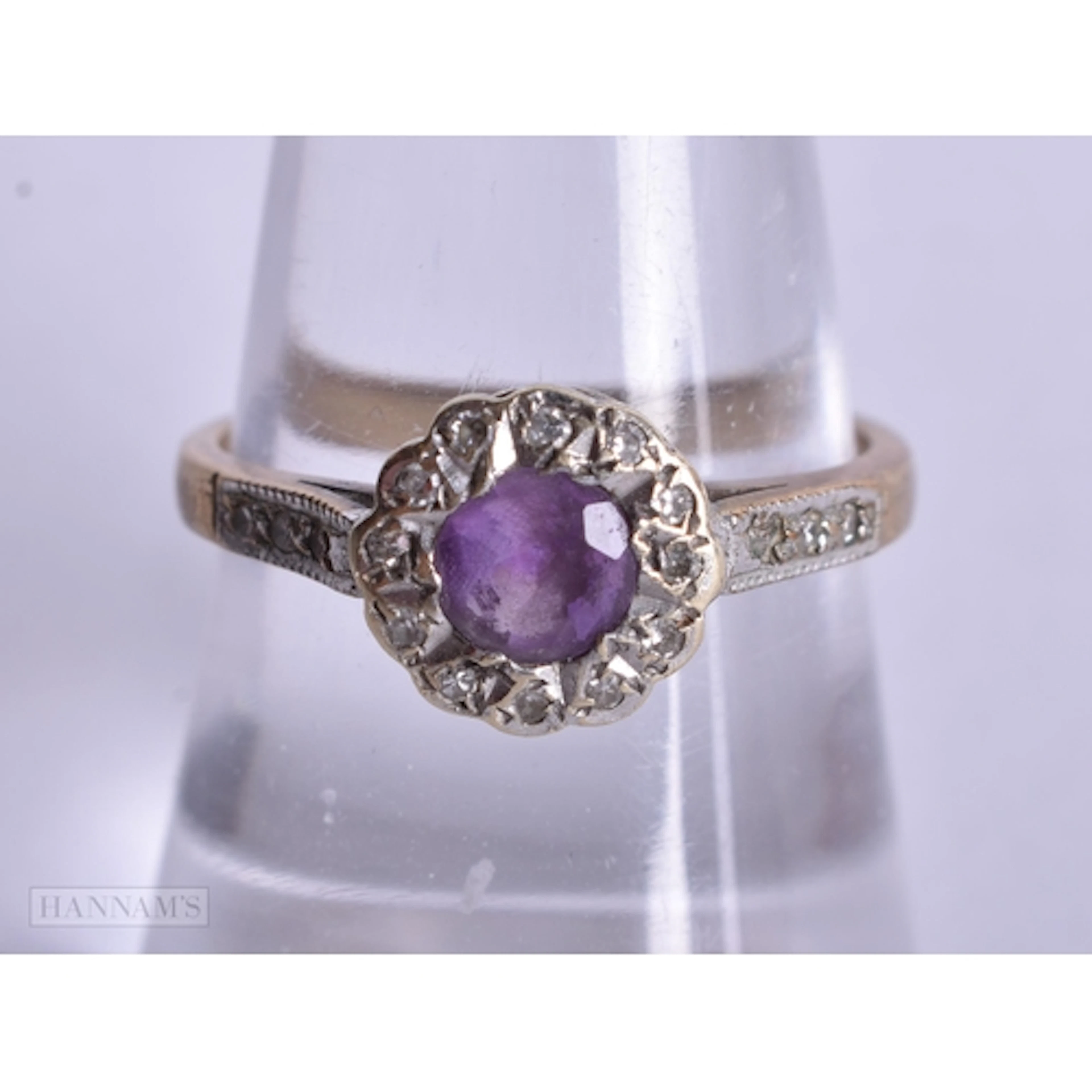 9ct gold amethyst diamond halo cluster ring (2.5g). O.