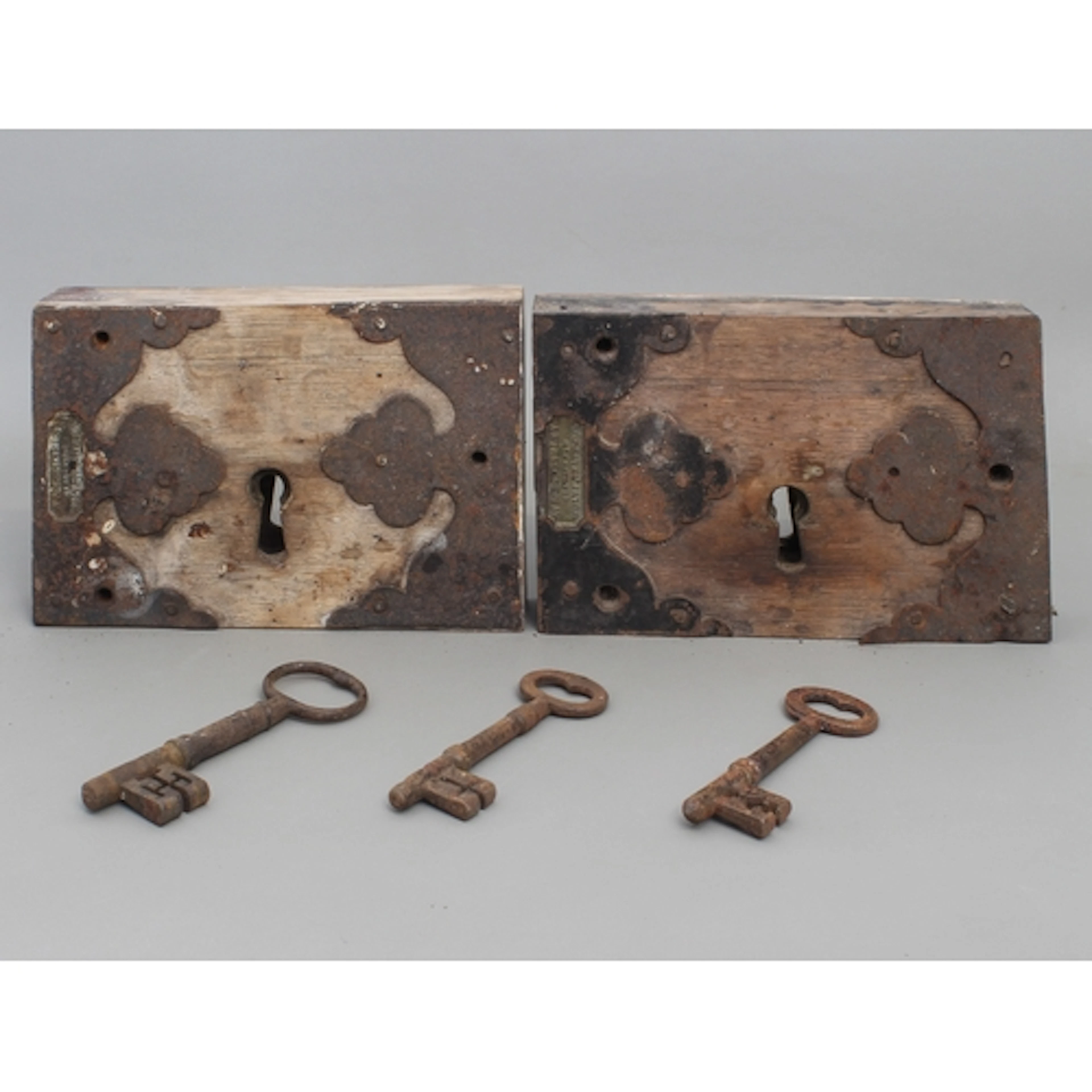 Two nineteenth century oak rim locks - gothic style iron met...