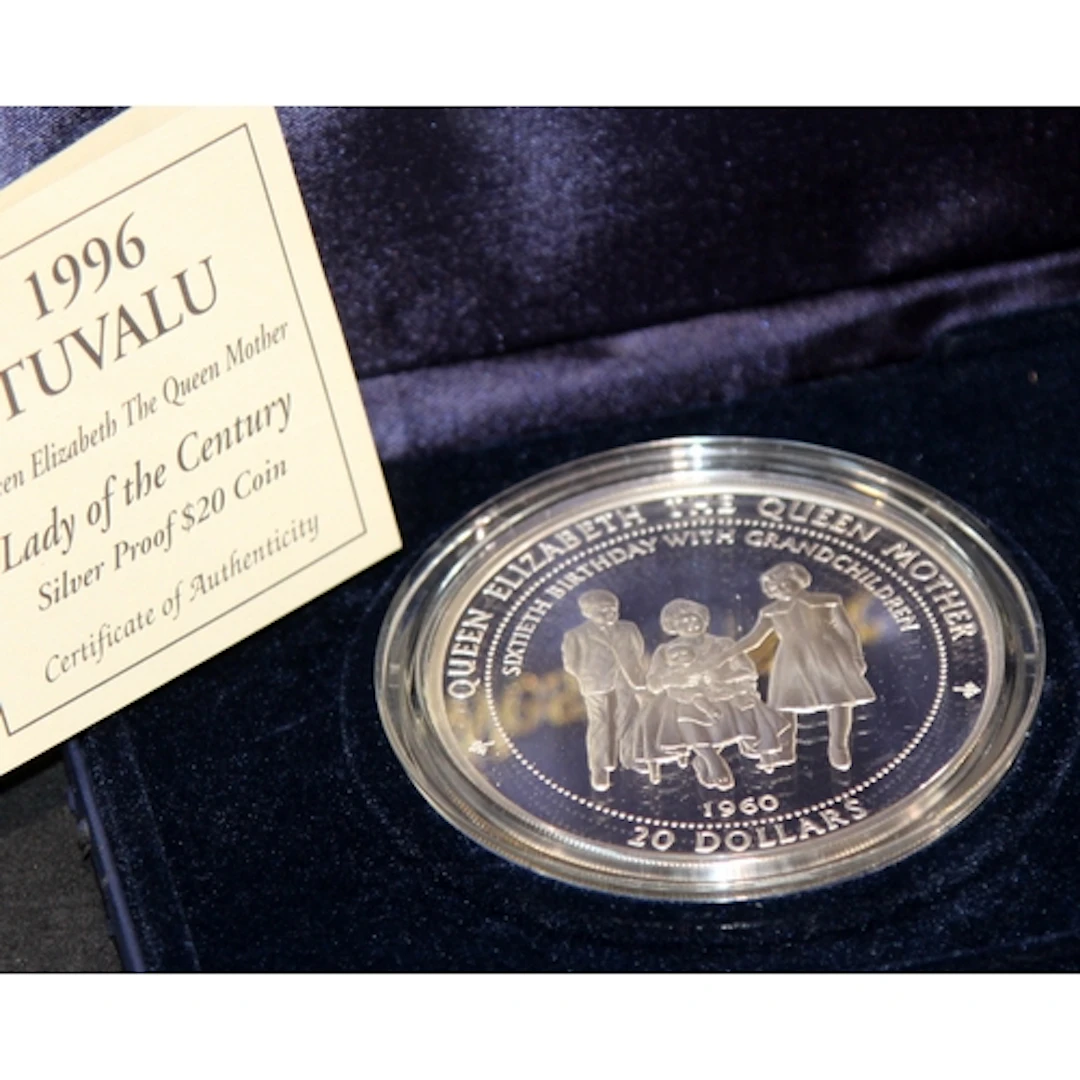 5 troy ounces 155g pure .999 silver proof 1996 Tuvalu £20 co...