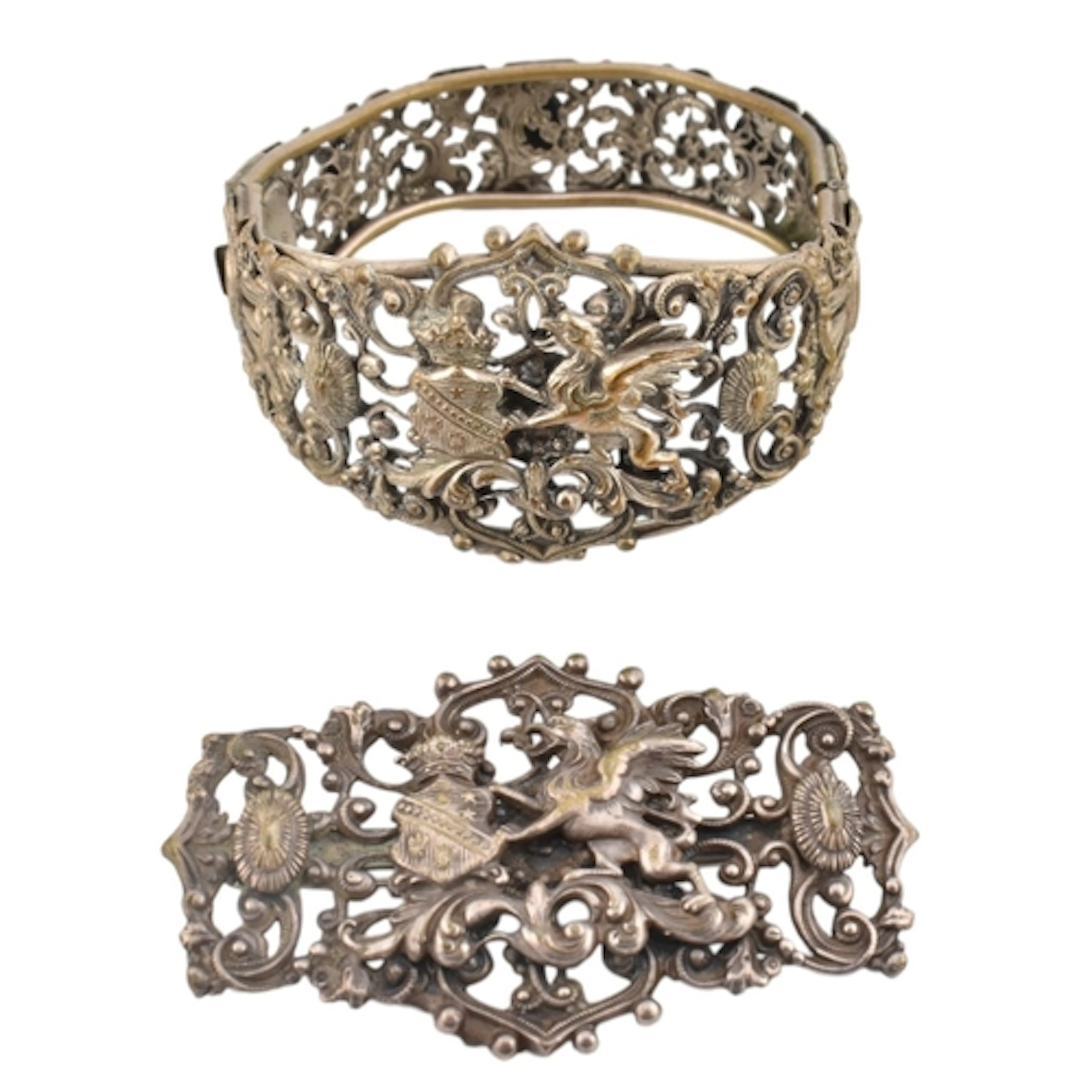 A white metal Austro-Hungarian style cuff bracelet and brooc...