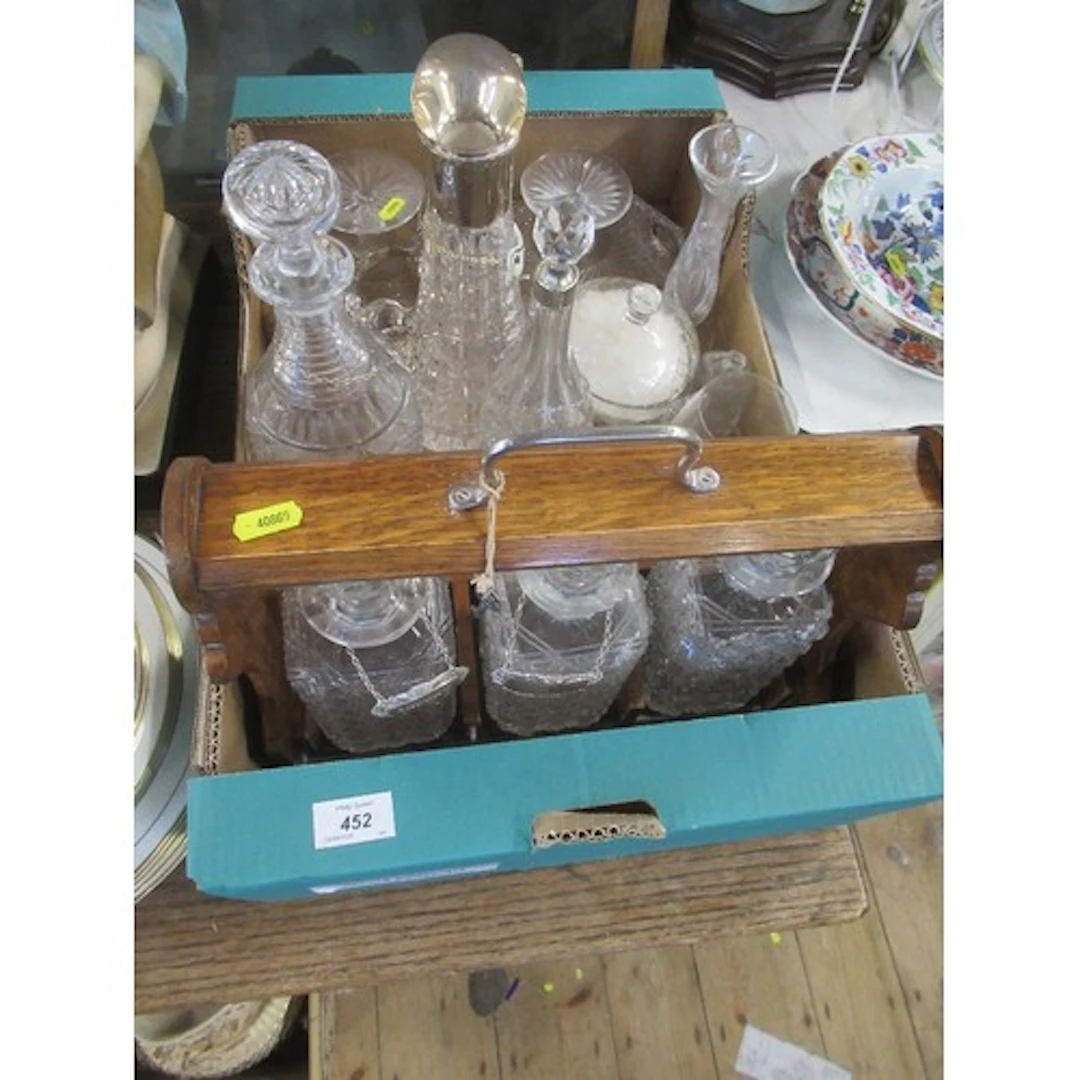 A box of glassware to include a Tantalus