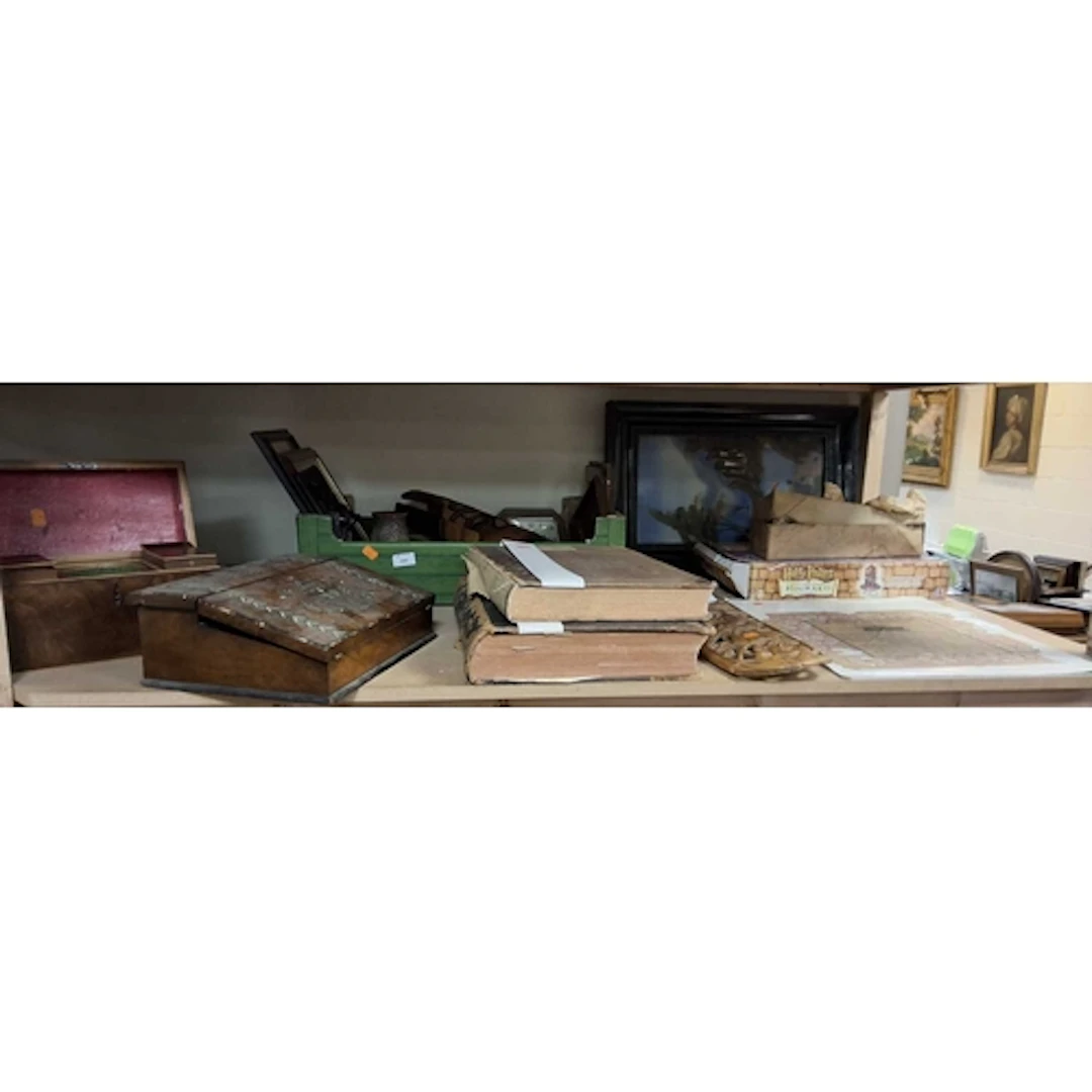 A BOX AND LOOSE PICTURES, TEA CADDY, BOOKS, WRITING SLOPE, M...
