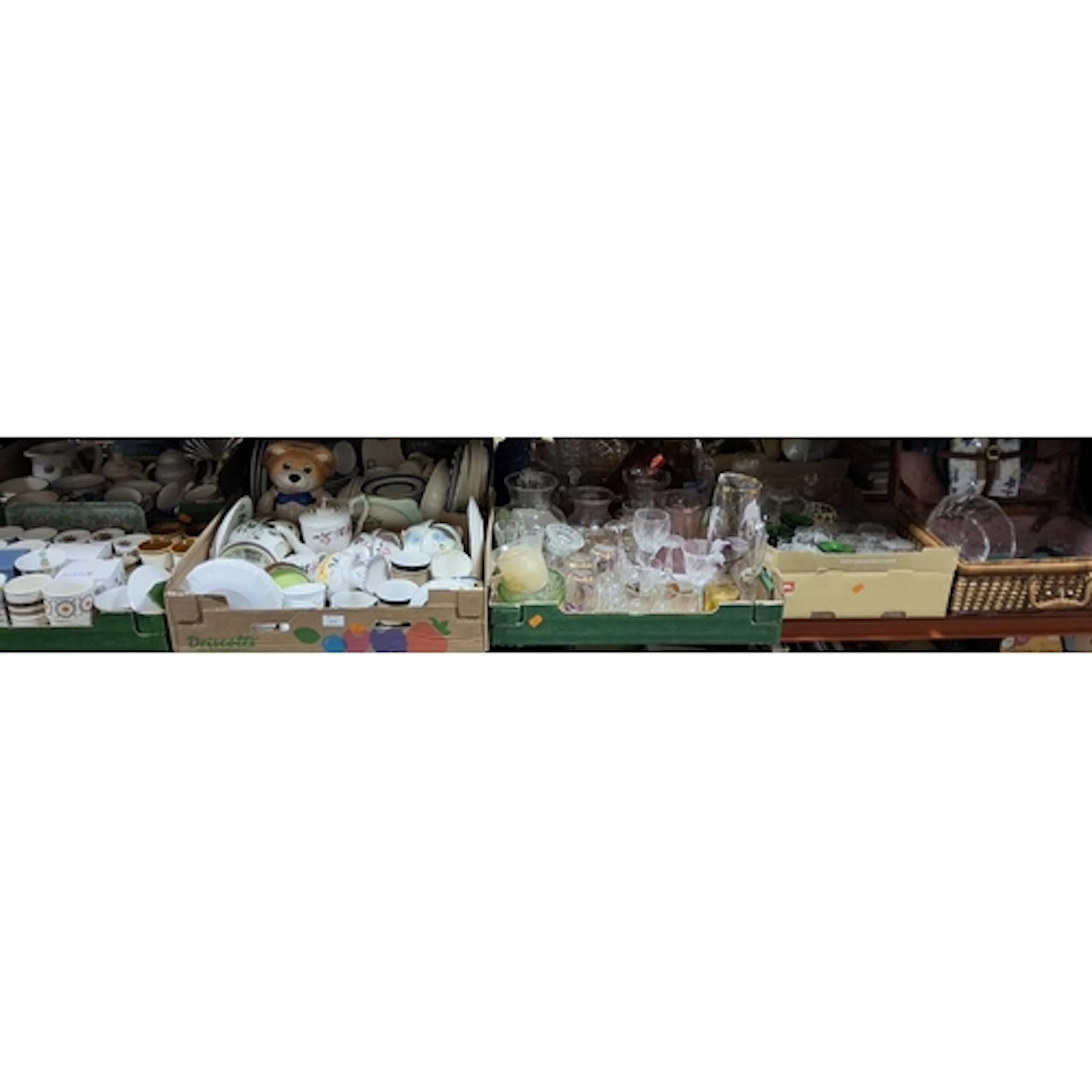 SEVEN BOXES AND LOOSE CERAMICS AND GLASSWARE, to include a u...