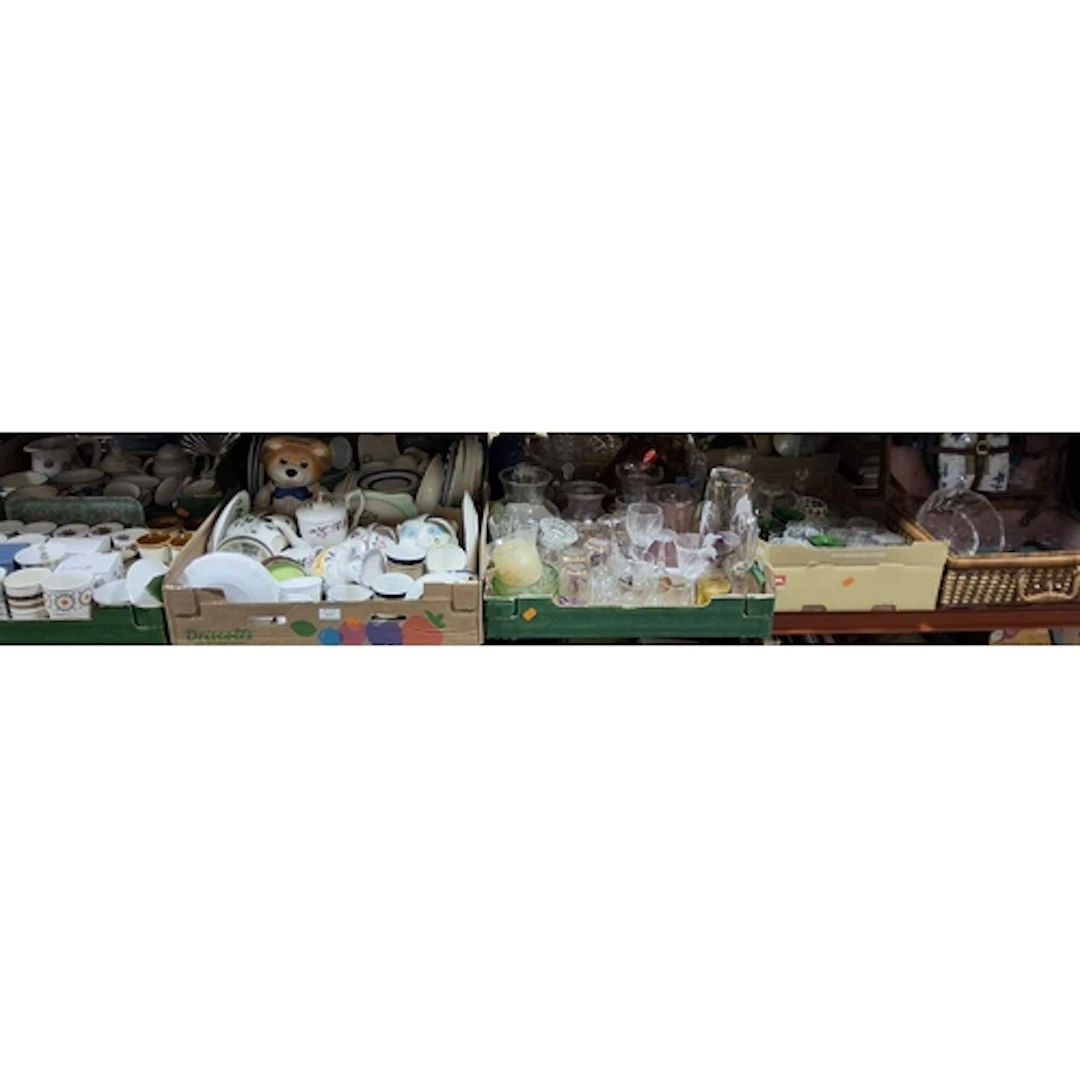SEVEN BOXES AND LOOSE CERAMICS AND GLASSWARE, to include a u...