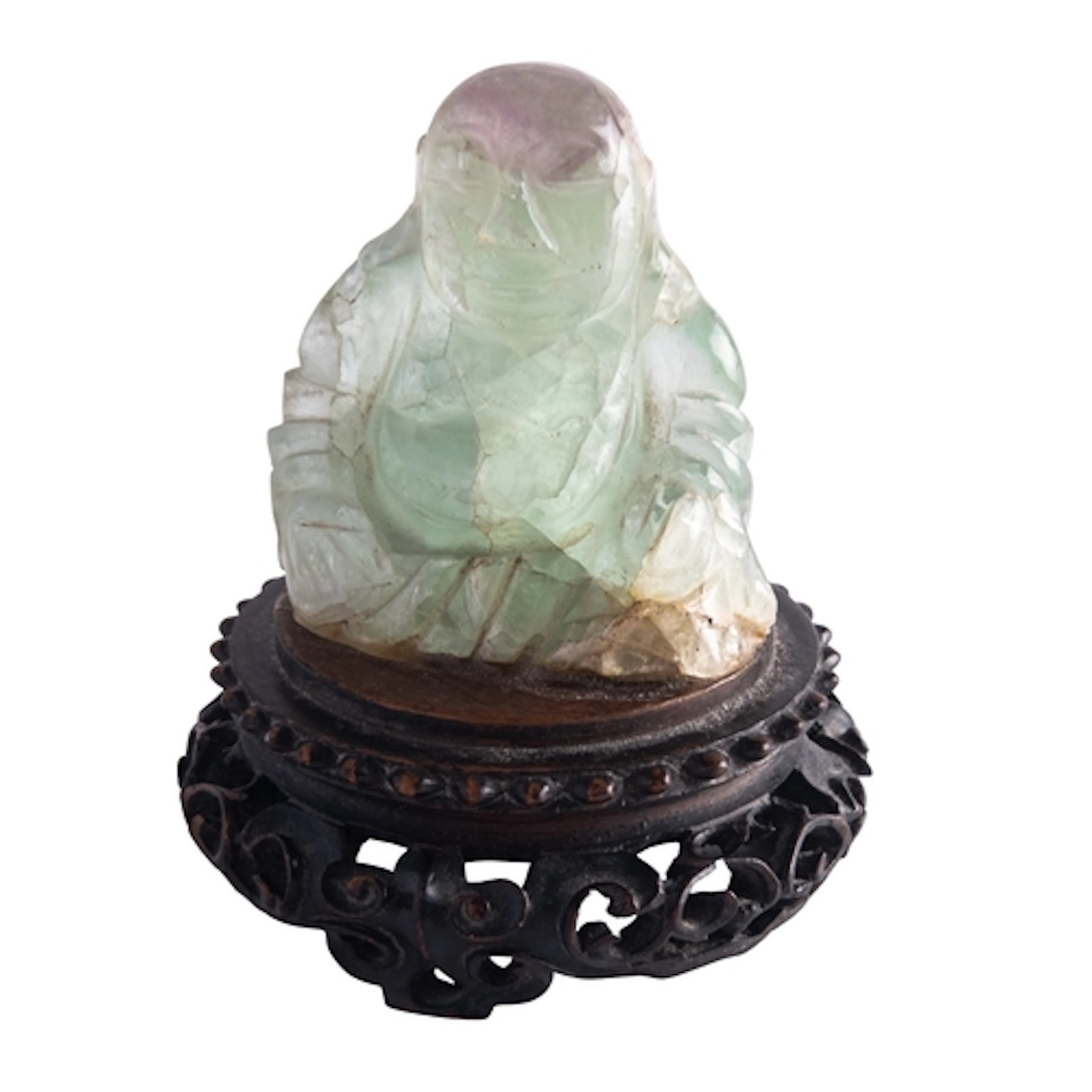 A Chinese carved fluorite figure of Budai, 6.5cm on carved w...