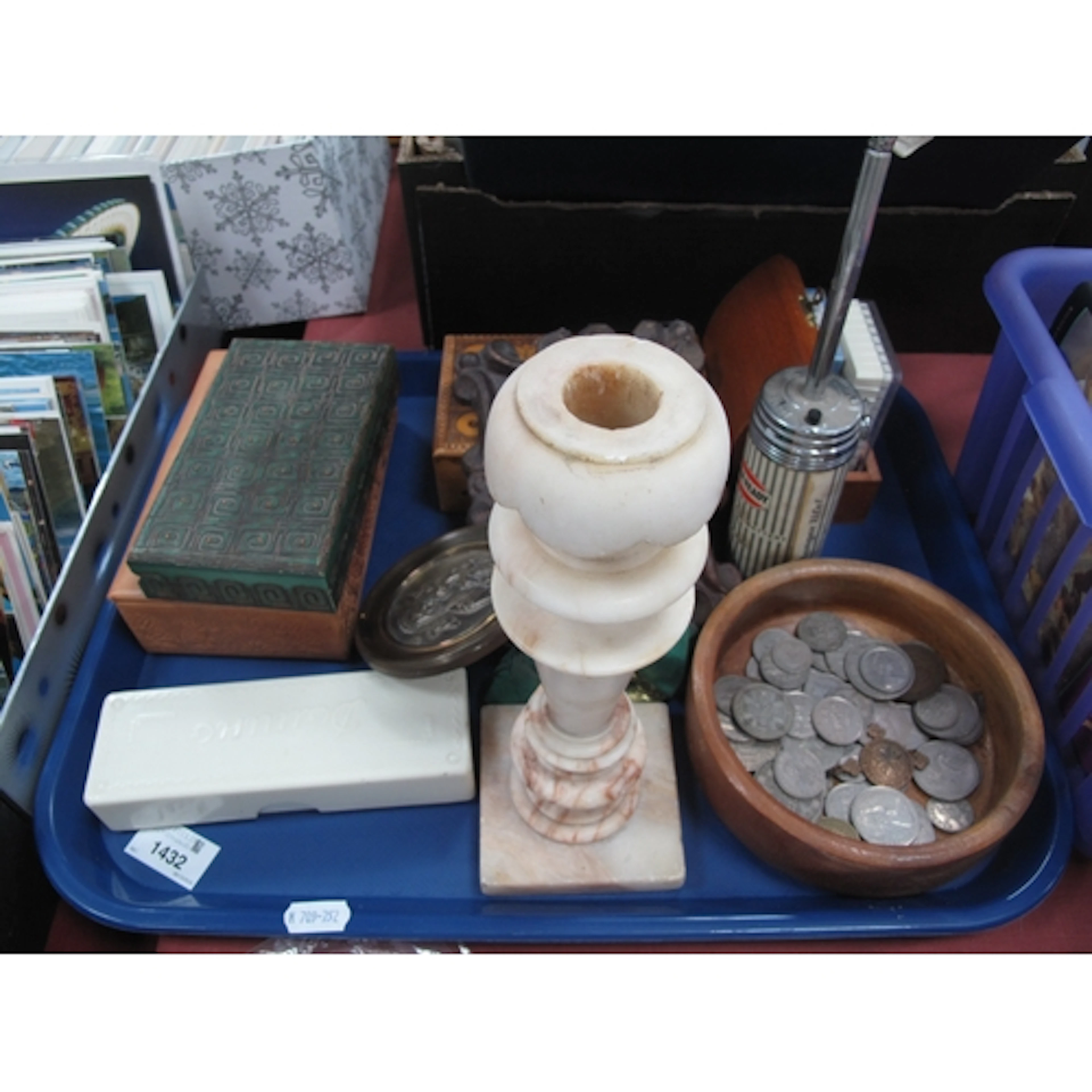 GB Coinage, dominoes, boxes, playing cards, alabaster candle...