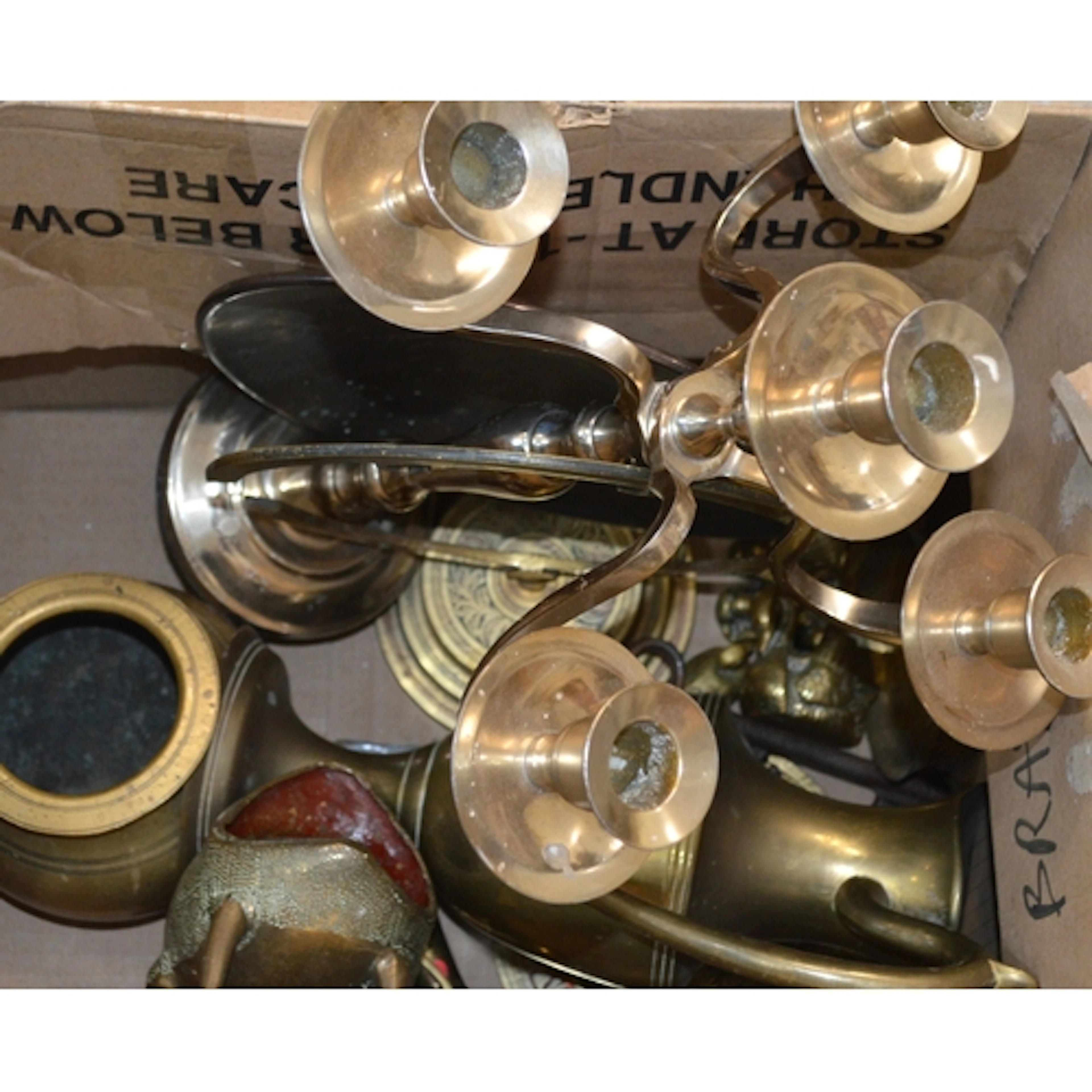 Modern five branch plated candelabra, antique brass pot, fig...