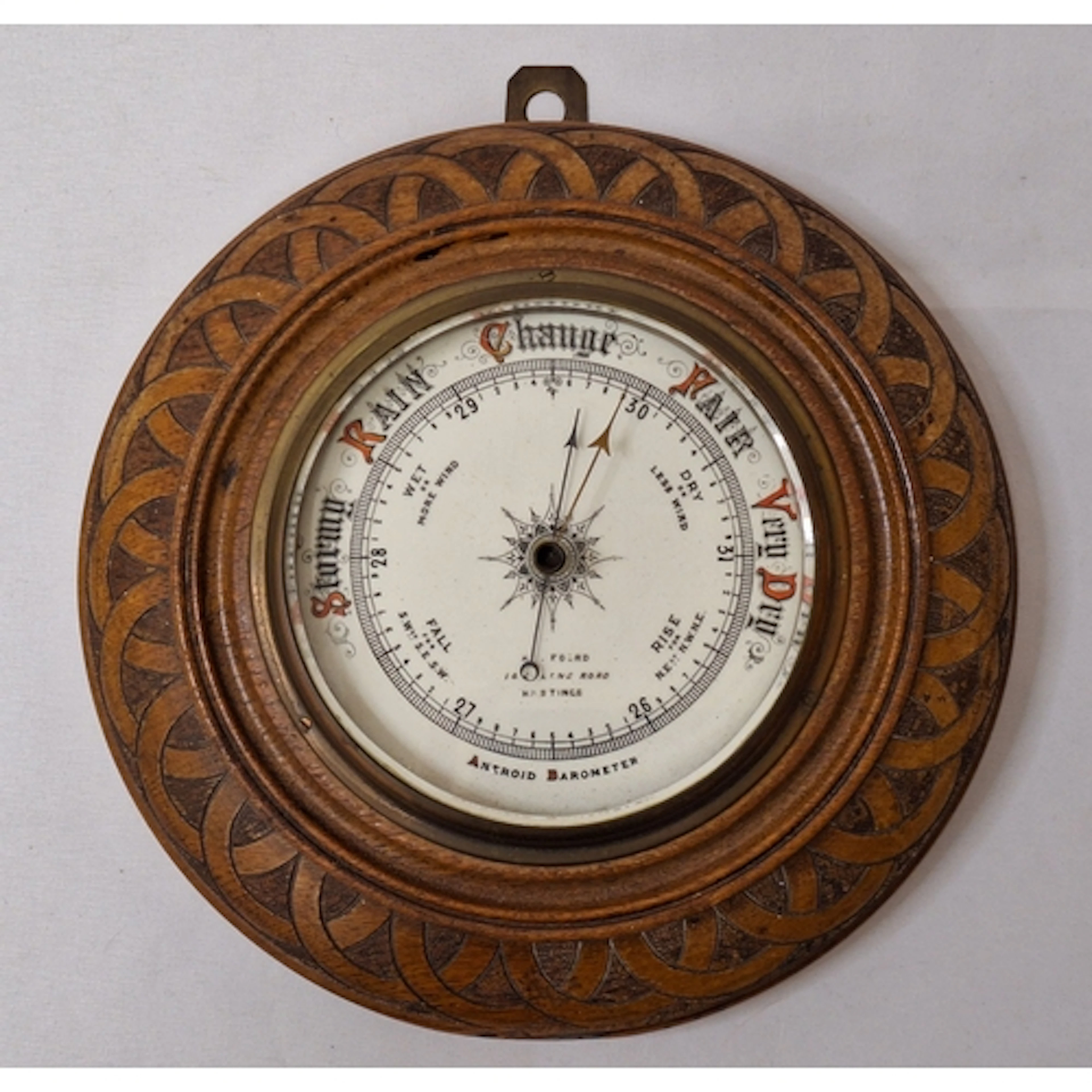 Vintage Circular Carved Oak Aneroid Barometer with white por...