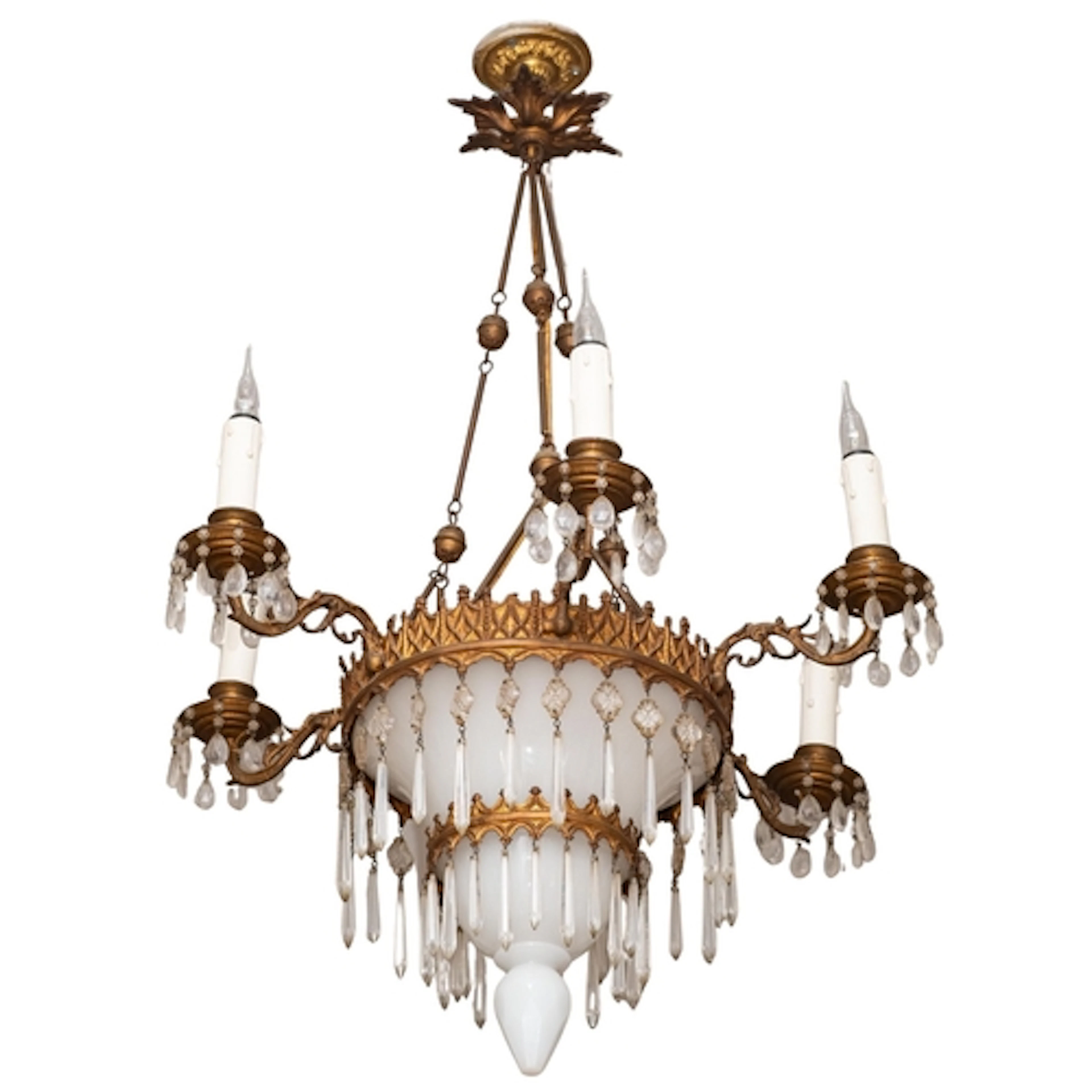 A milk glass and gilt metal six light chandelier, second hal...