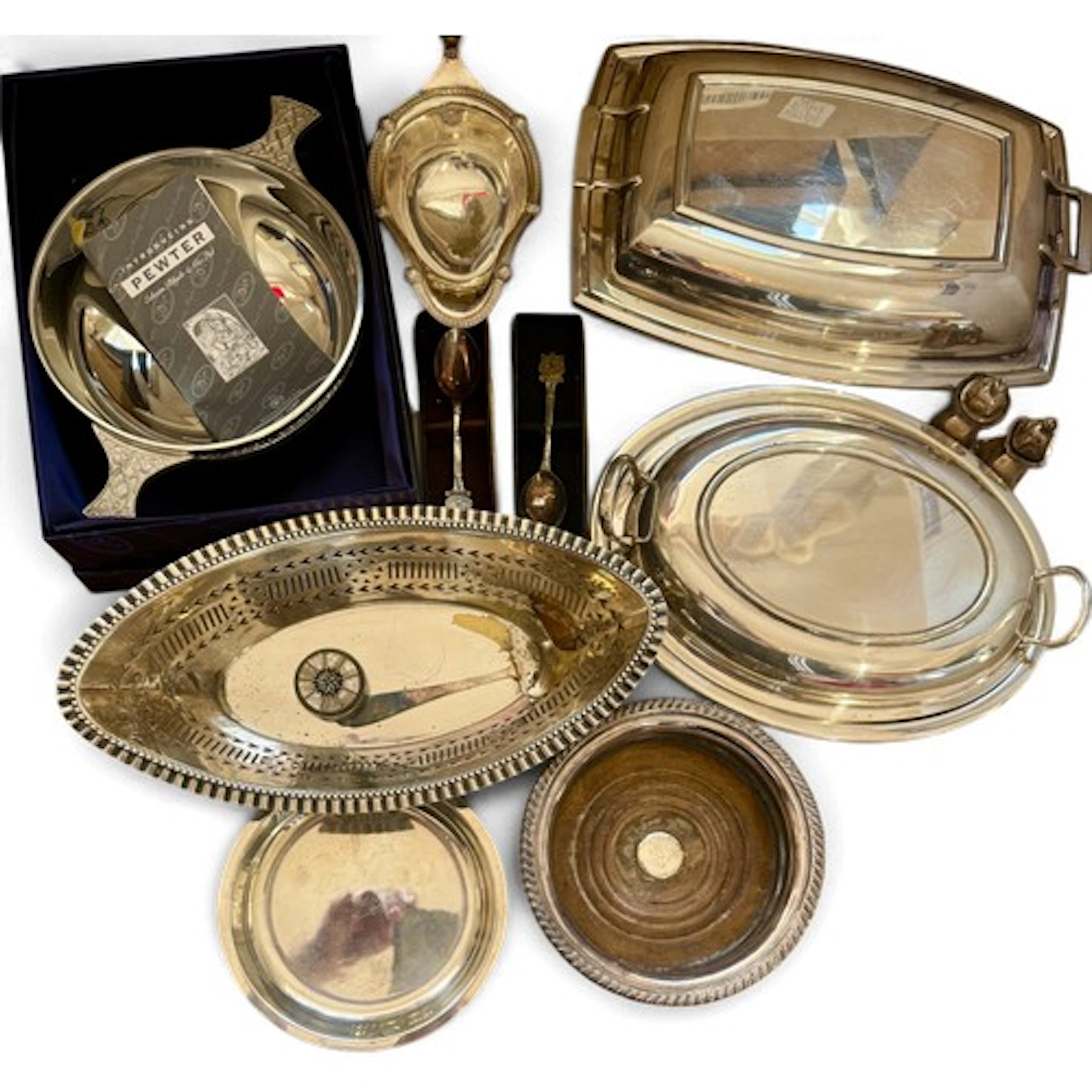Silver plate and pewter to include entrée dishes, wine coast...