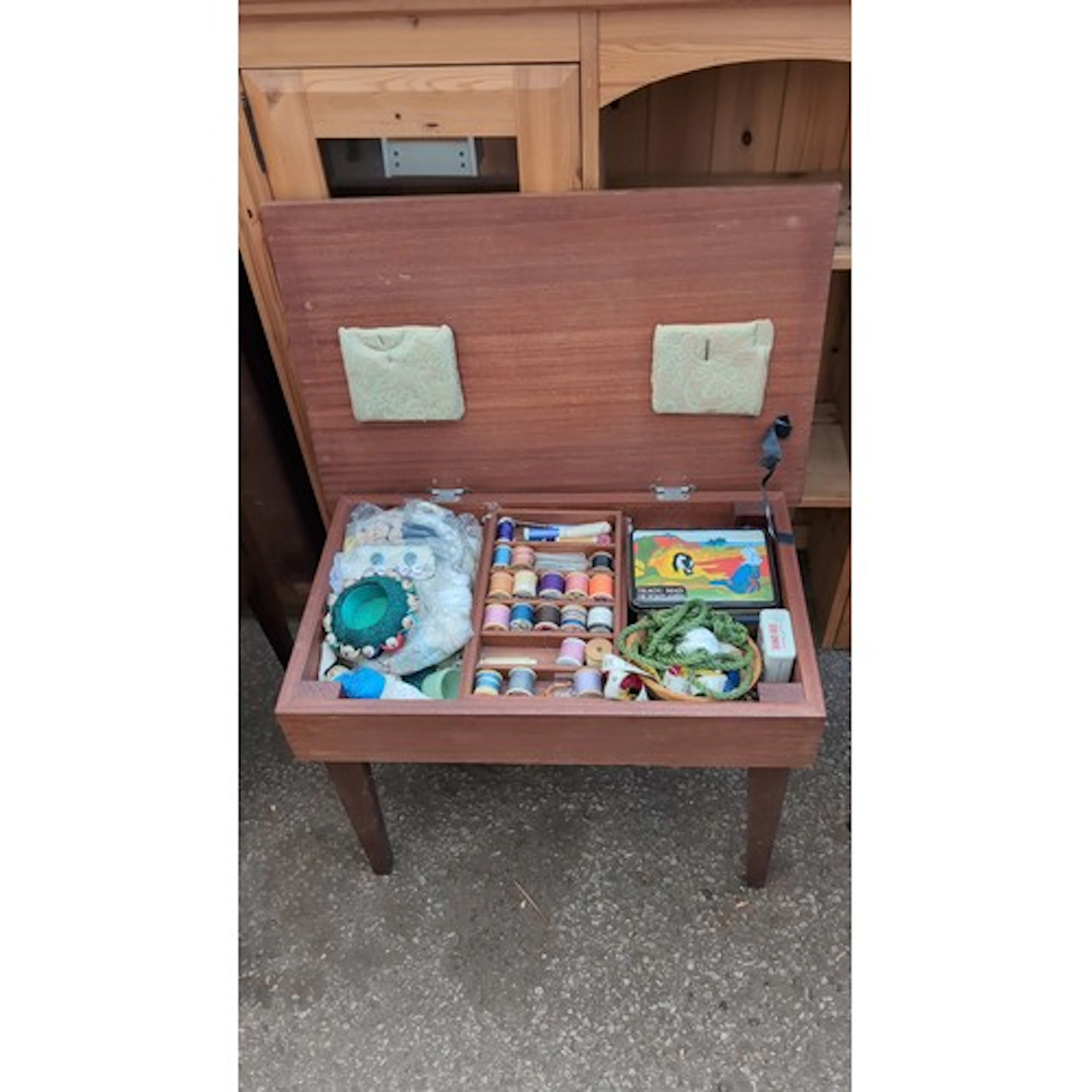 Sewing work box table in stained wood, the hinged top openin...