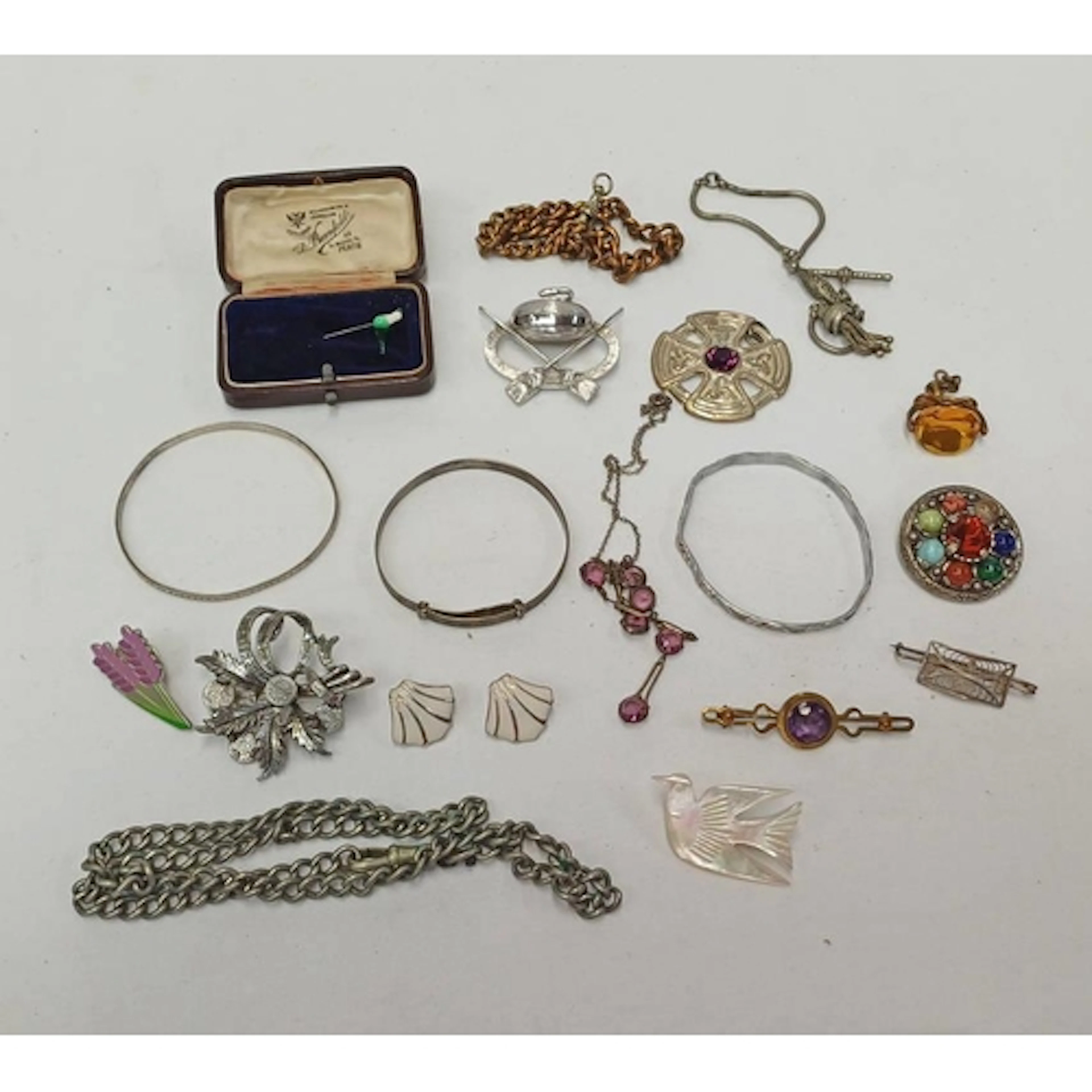 SILVER CHILDS BANGLE, VARIOUS BROOCHES, WATCH CHAINS ETC