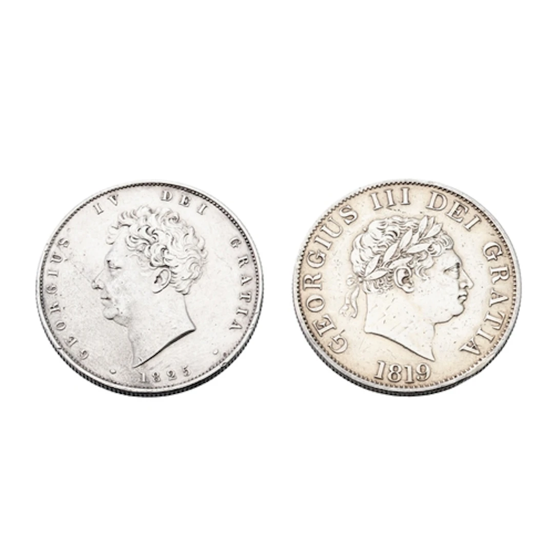 2 X ENGLISH SILVER HALF CROWN COINS, 1819 Nearly EF, 1825 EF...