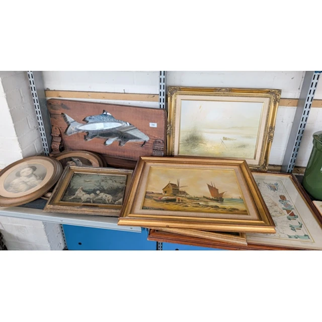 Assorted pictures and prints and a rustic style shark shaped...