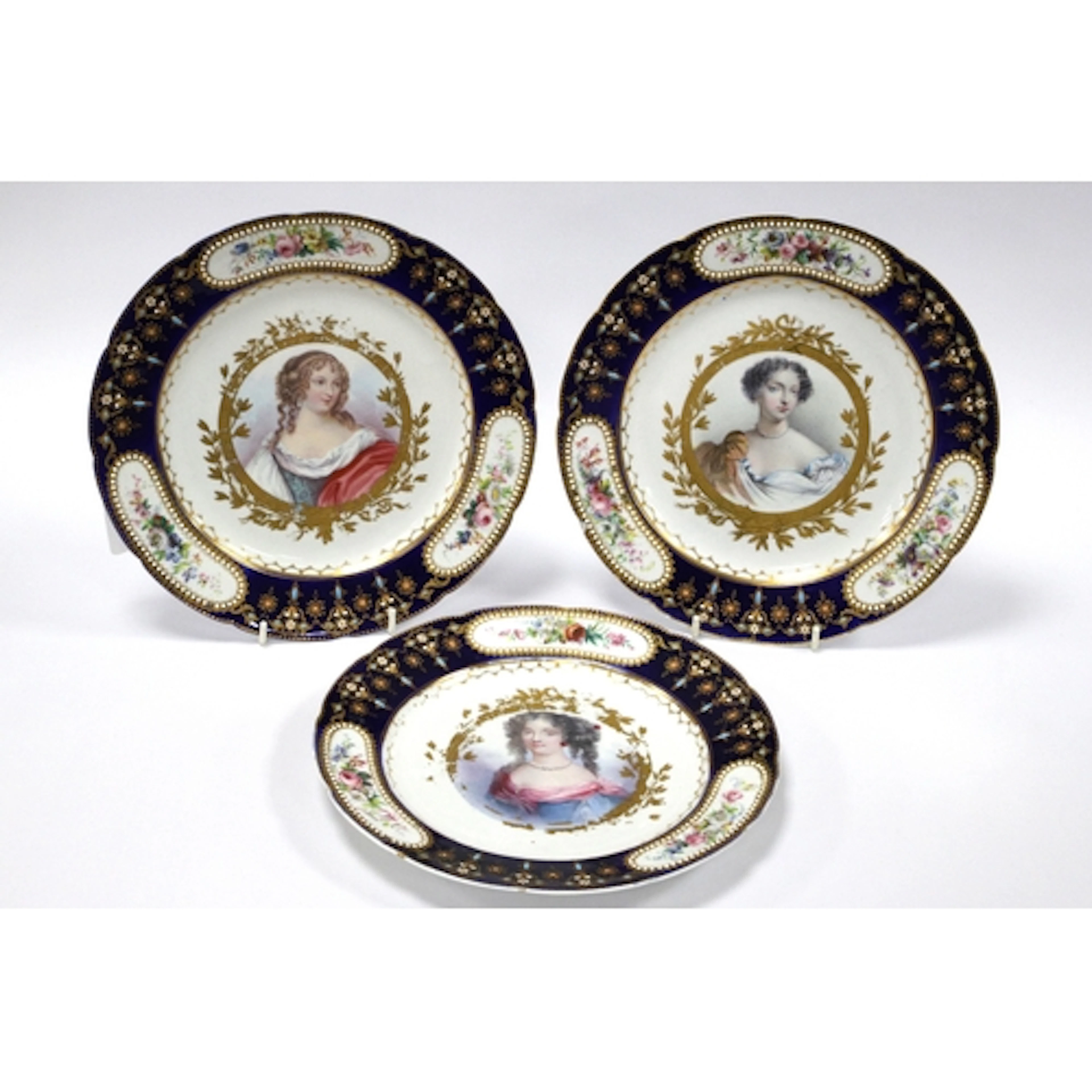 Three Sevres Style Porcelain Cabinet Plates, the centres wit...
