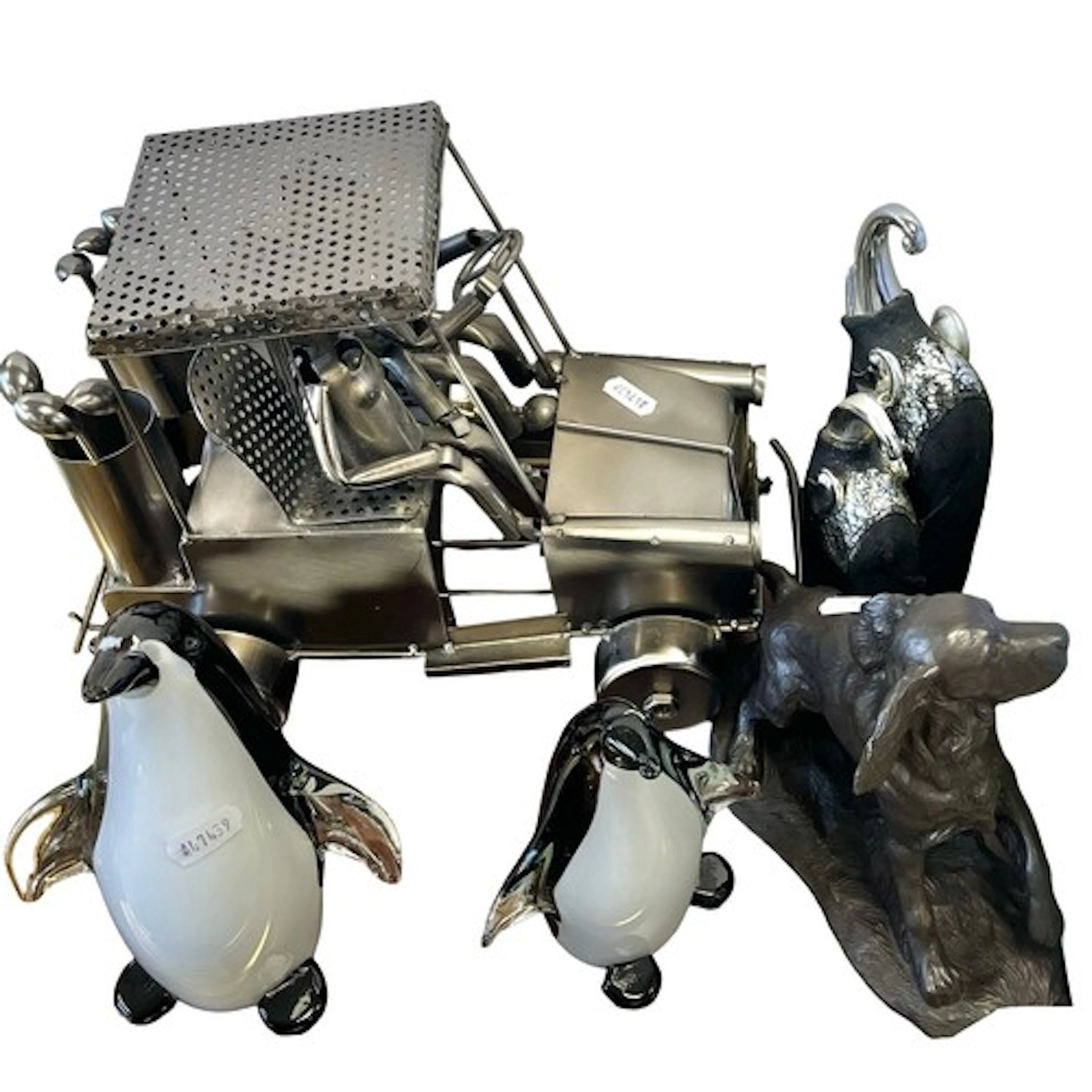 Two art glass penguins, dog sculpture, golf cart sculpture e...