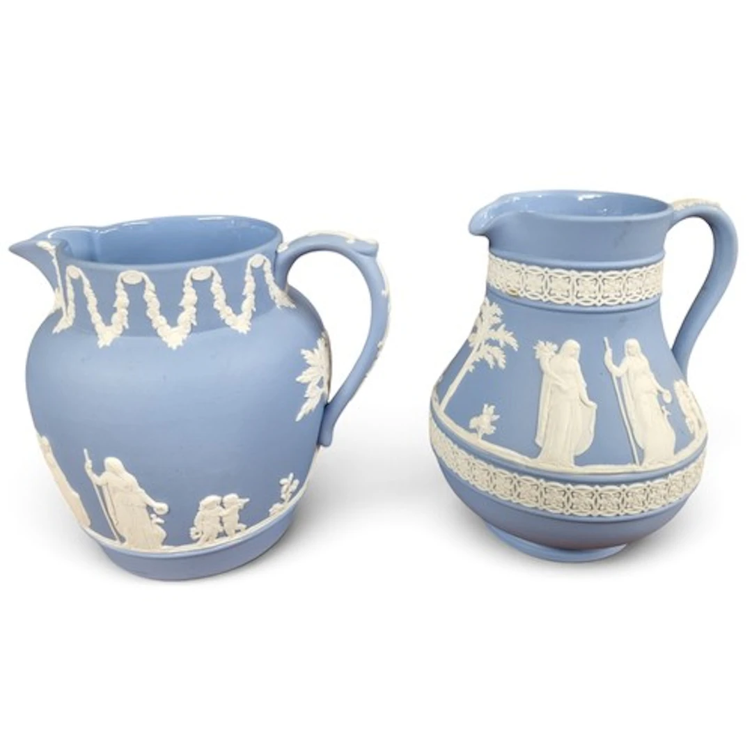 Two beautiful Wedgwood stoneware jugs with white neoclassica...