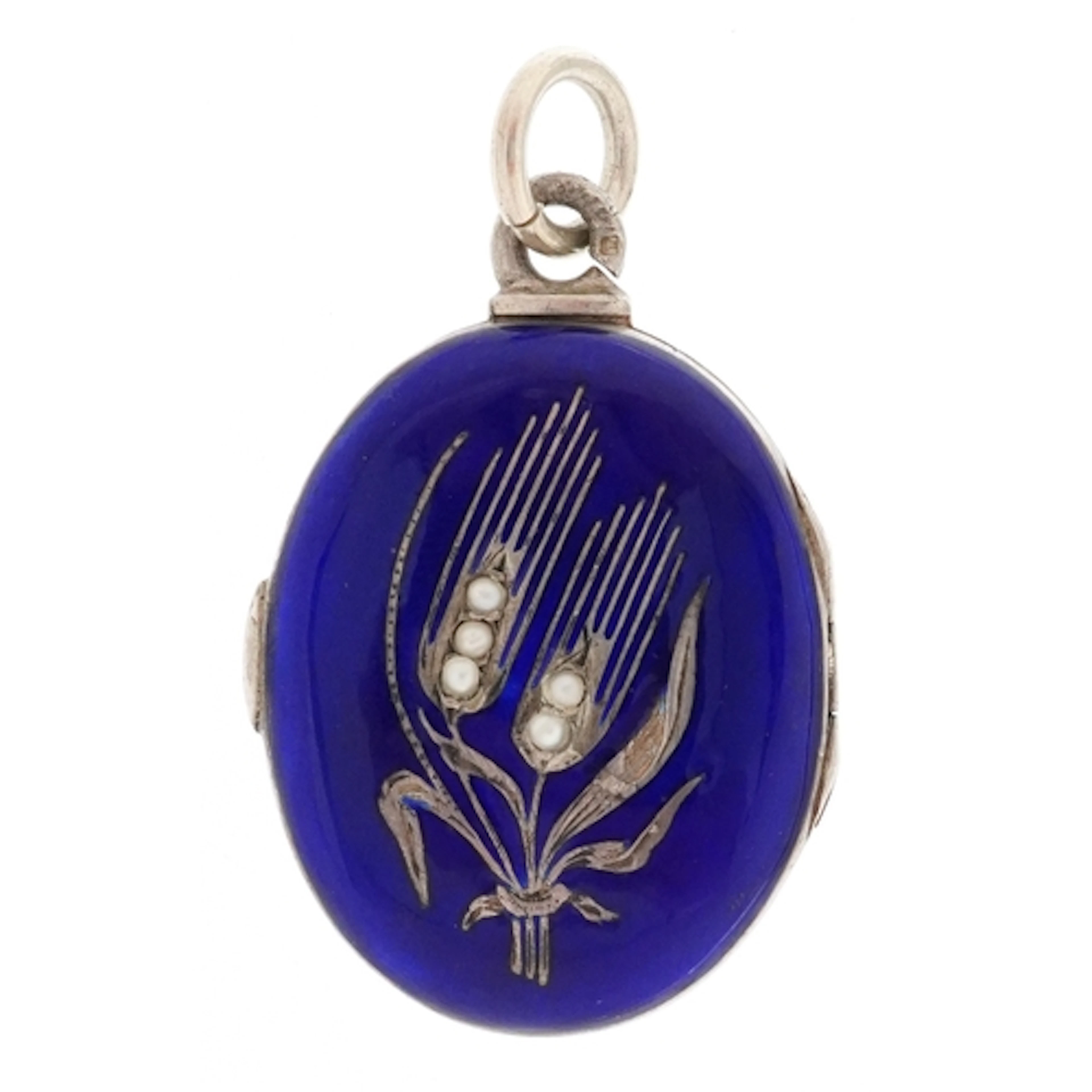 Antique silver and blue enamel locket inlaid with seed pearl...