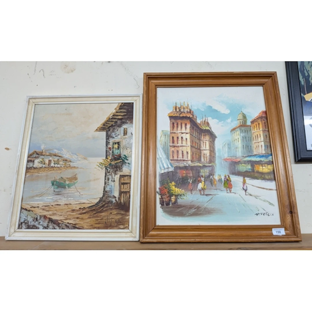 Two mid century oil paintings of Spanish scenes, the larger ...