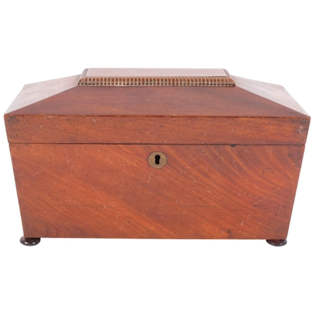 A 19th century mahogany sarcophagus tea caddy, with fitted i...