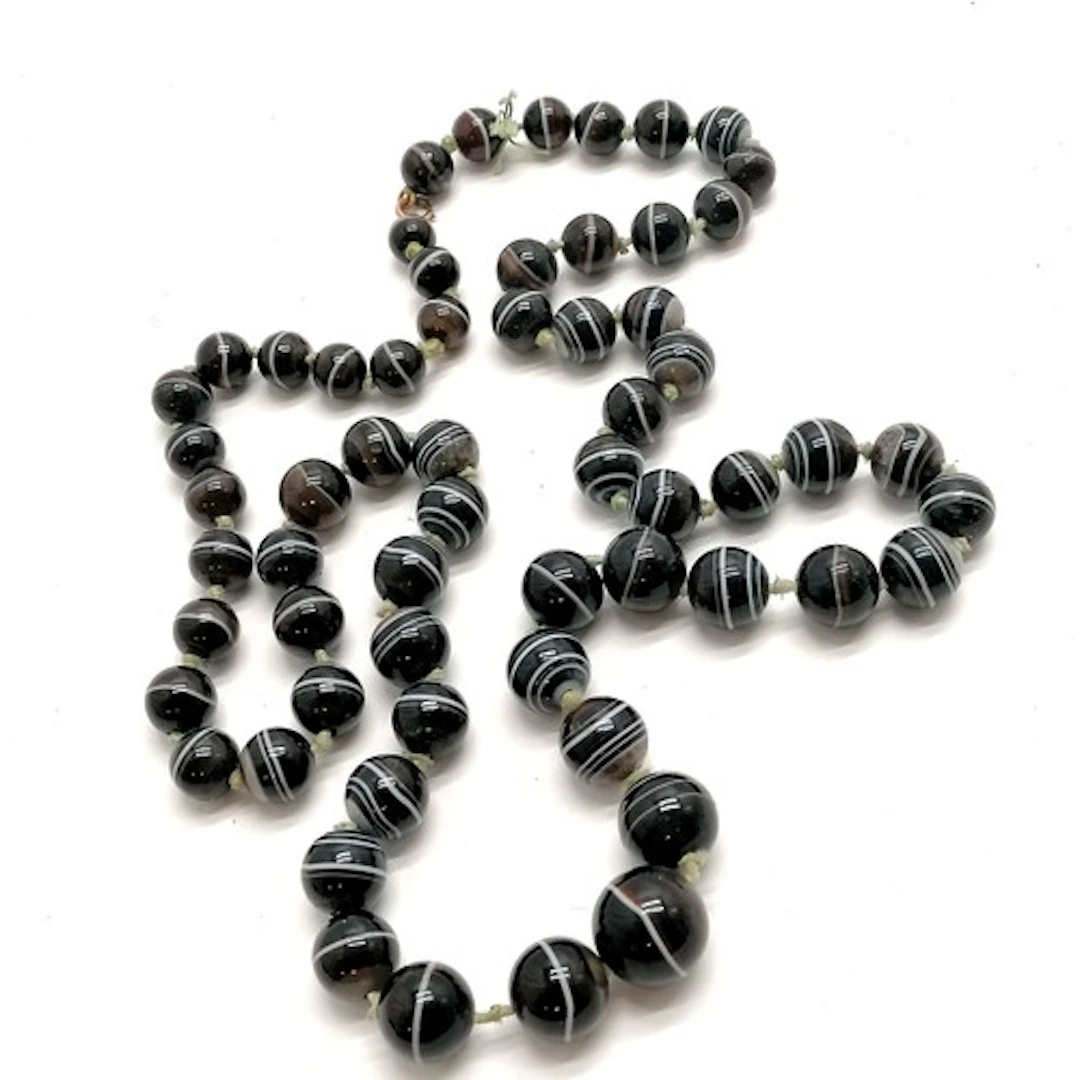 Antique graduated banded agate bead necklace with unmarked a...