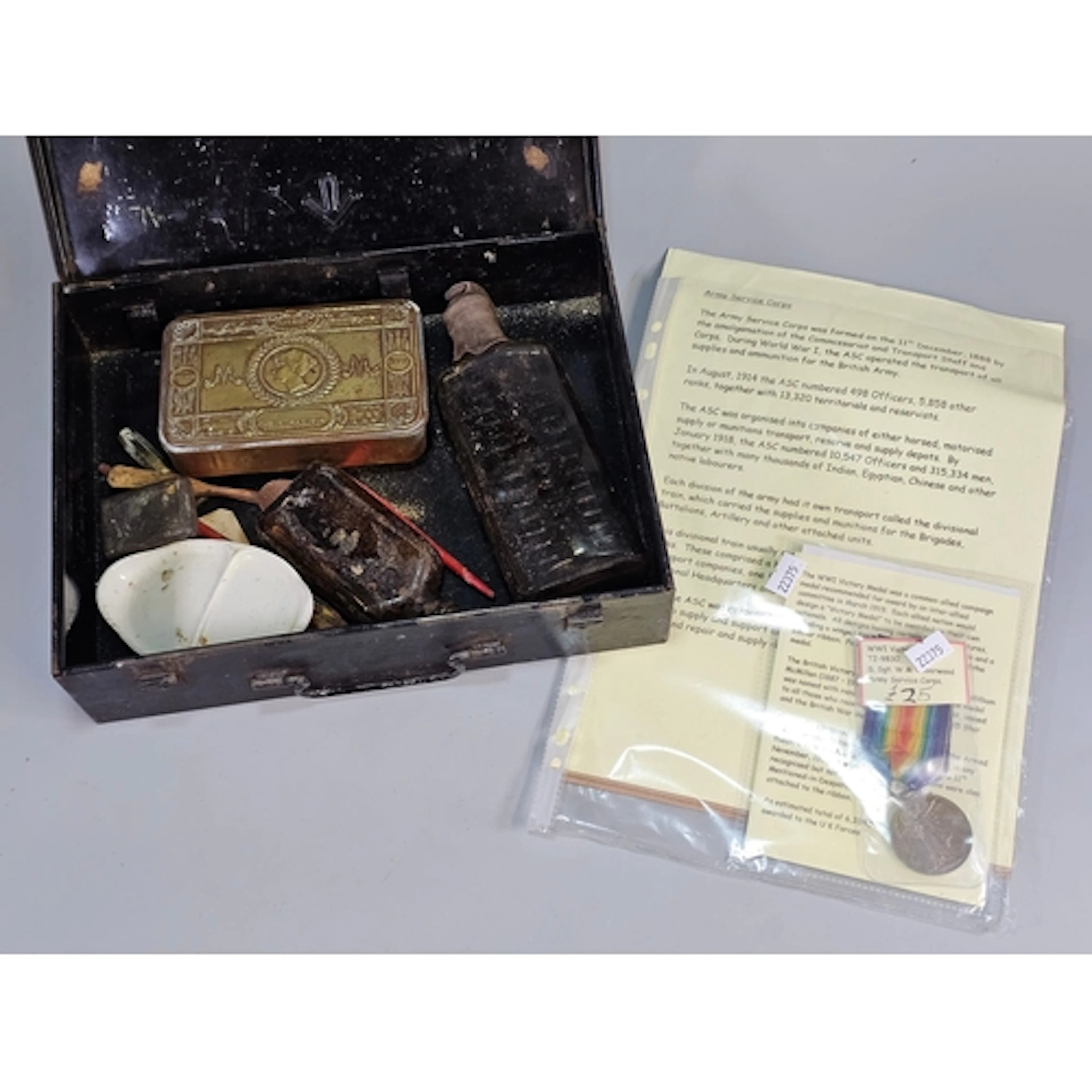 Metal military box comprising various oddments including: 19...