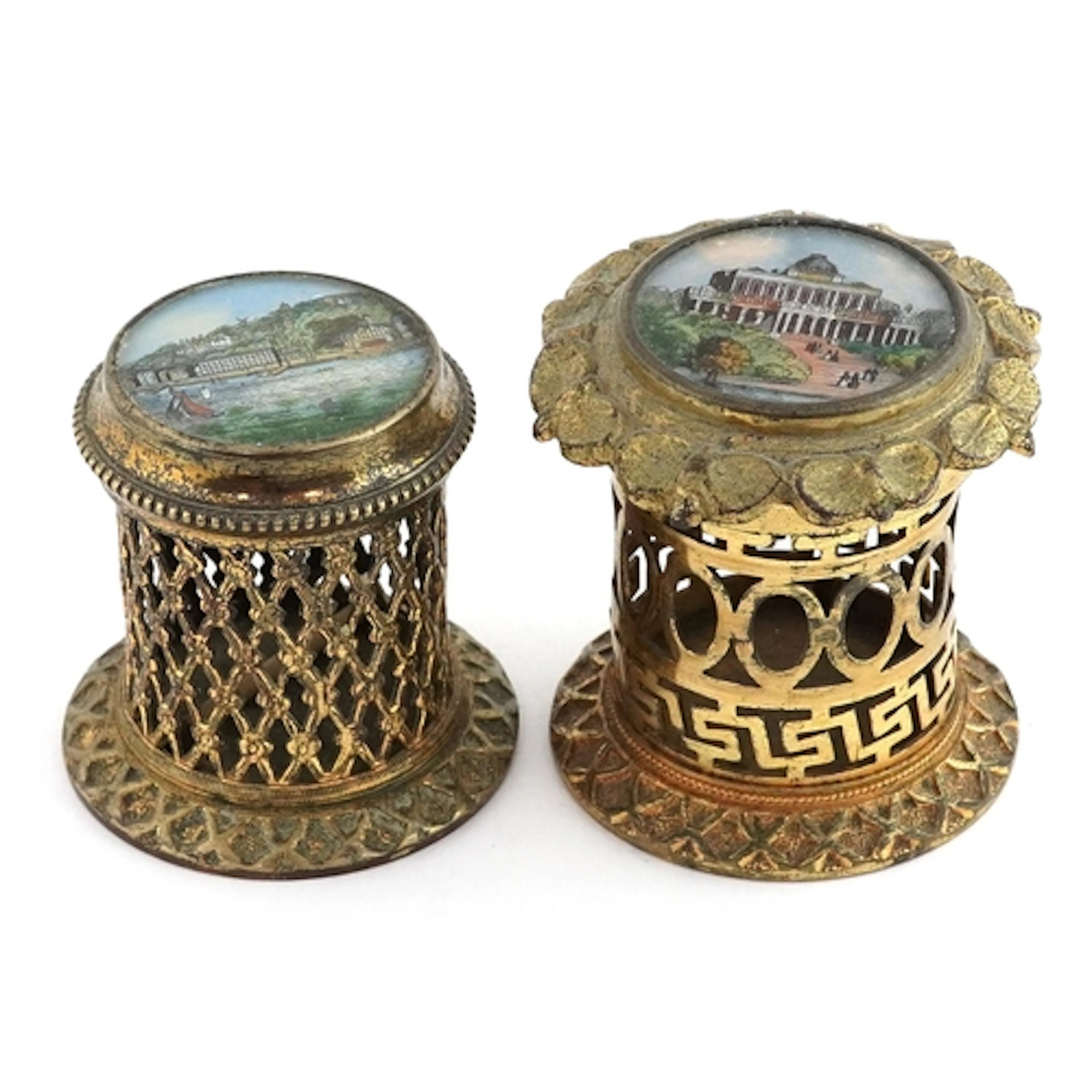 Two 19th century brass match holders and covers with hand pa...