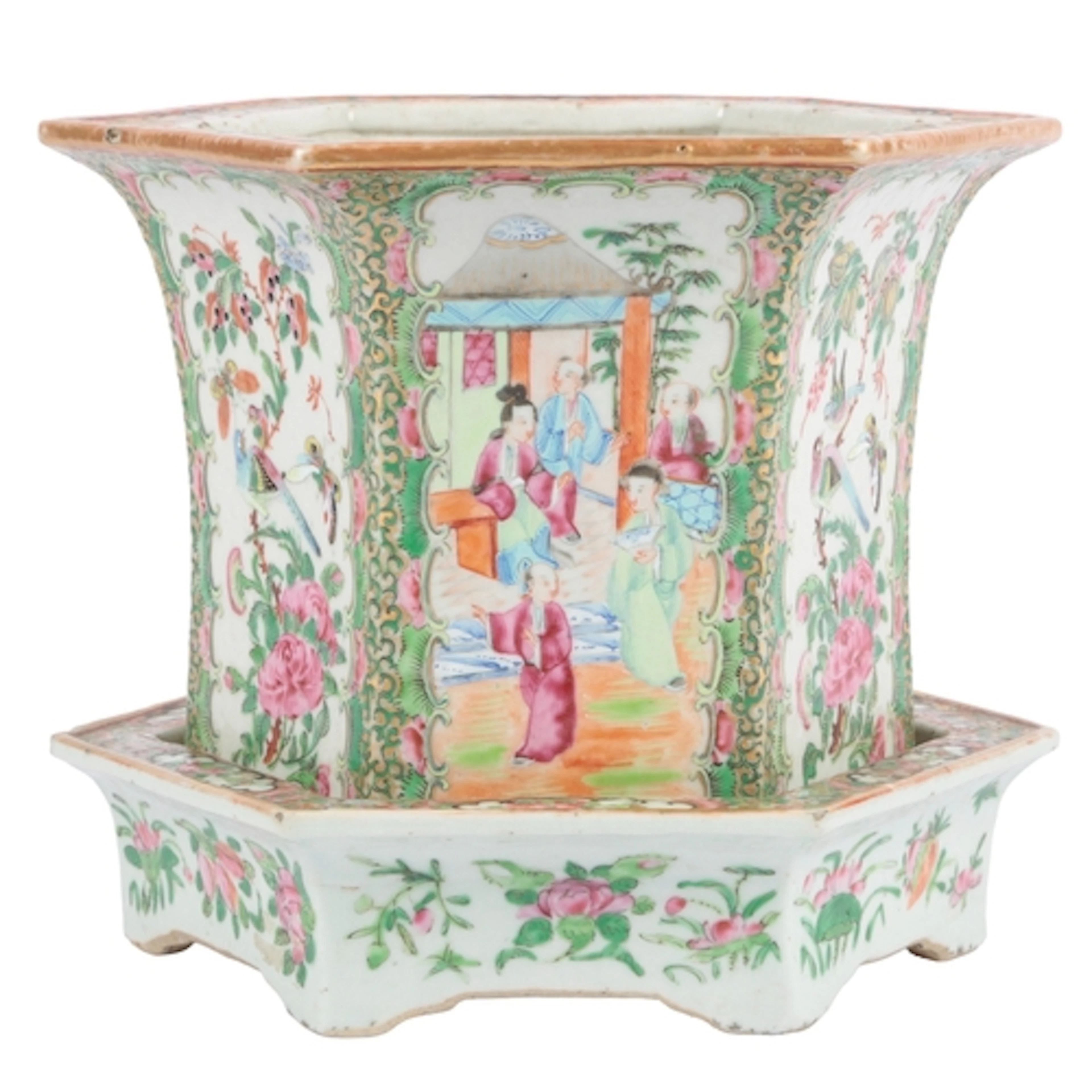 A Chinese Guangzhou-decorated famille rose hexagonal flower ...