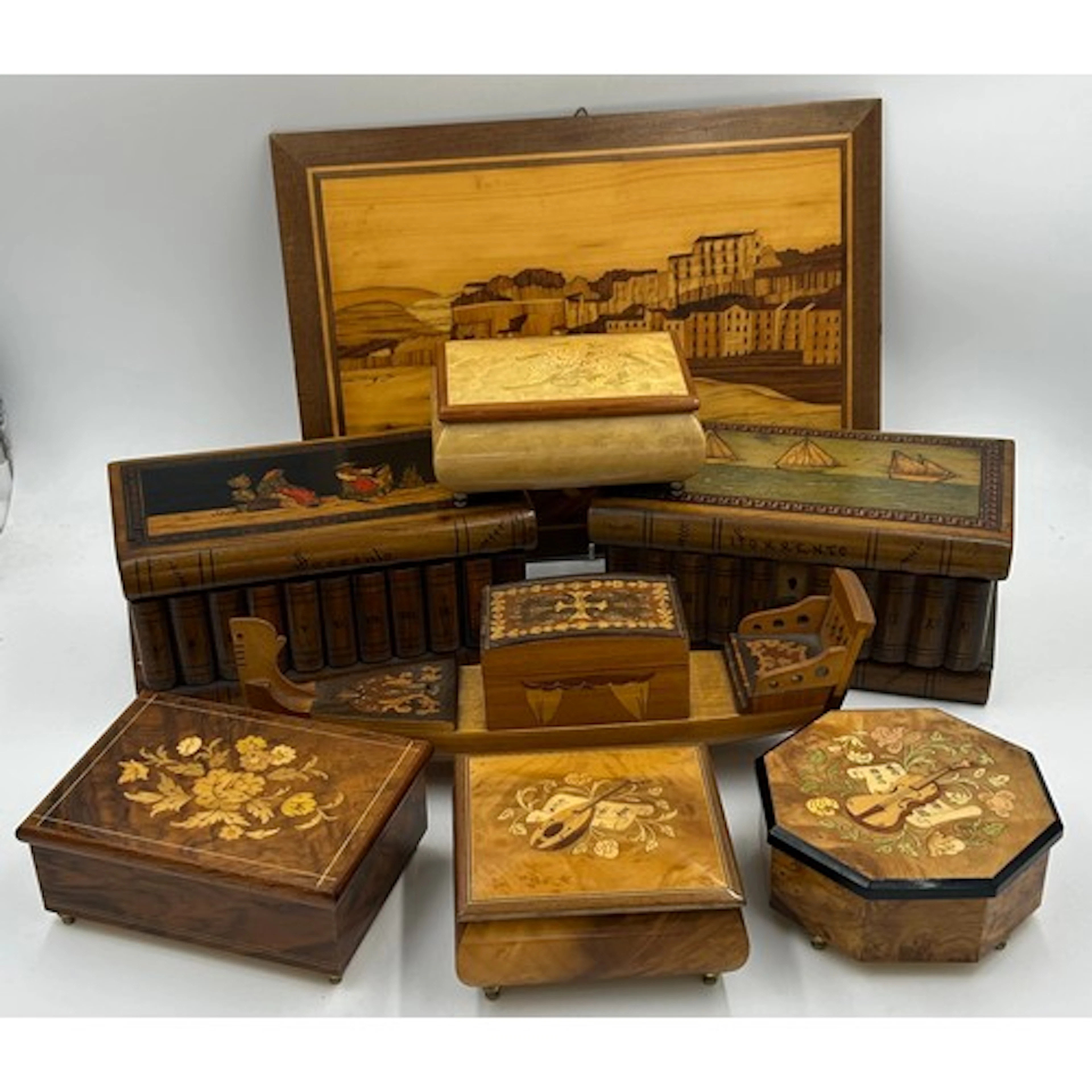 A collection of Sorrento Ware to include a marquetry picture...